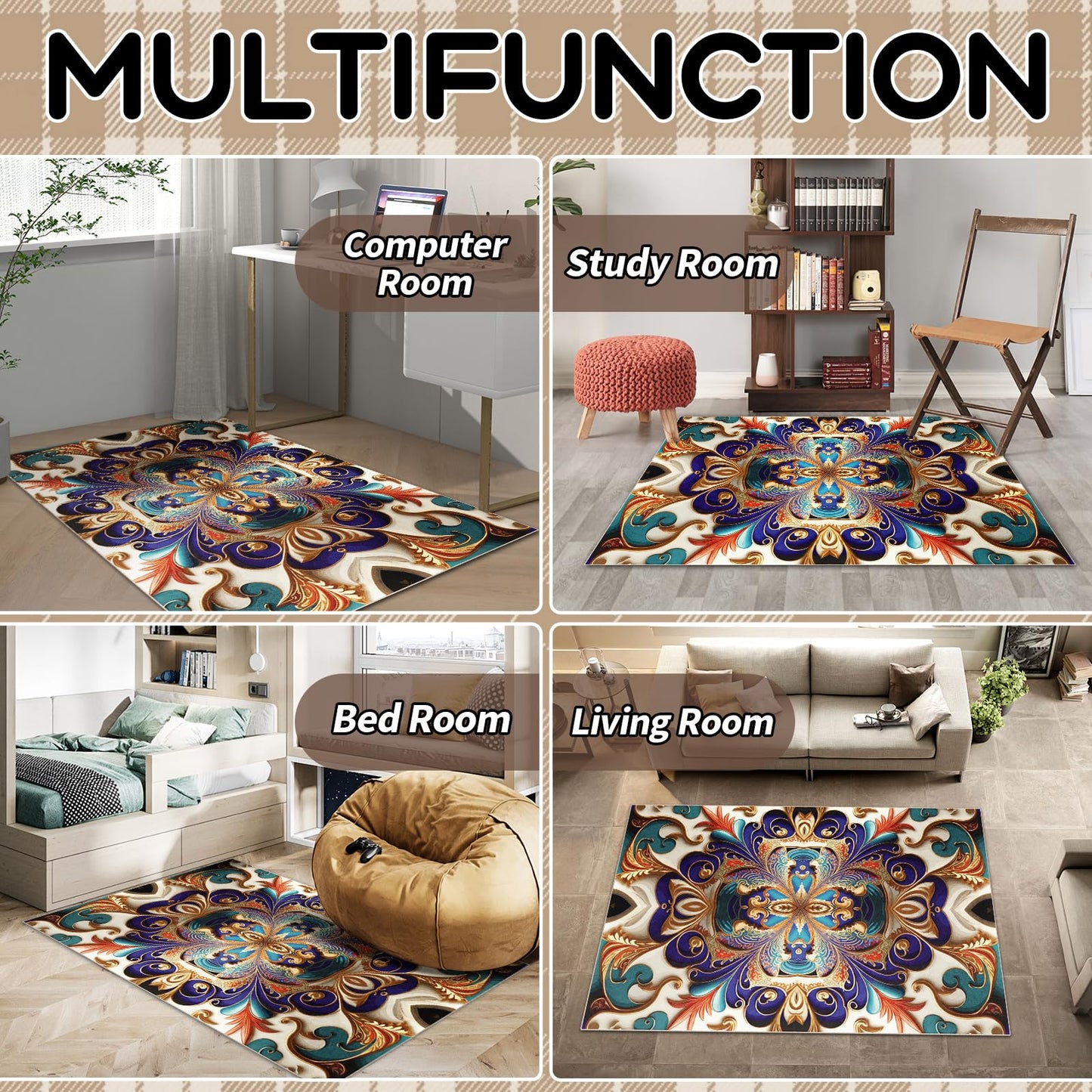 Washable Area Rug, Non-Slip Vintage Hallway Rug Runner with Upgrade Rubber Backing, Stain Resistant Faux Wool Distressed Carpet Runner for Bedroom Living Room Kitchen Laundry Entrance (70" x 55")