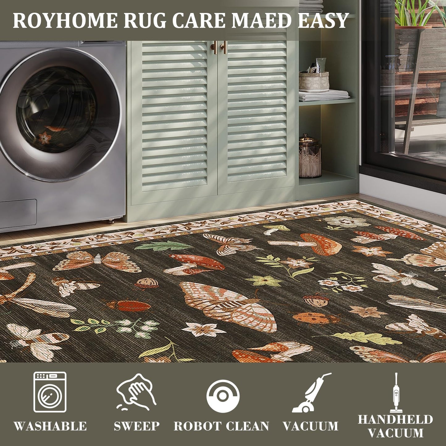 Mushroom Insect 4ft Round Rug Washable Non-Slip Soft Ultra-Thin Small Boho Circle Carpet for Entryway Kitchen Bedroom Nursery Dining Room Brown