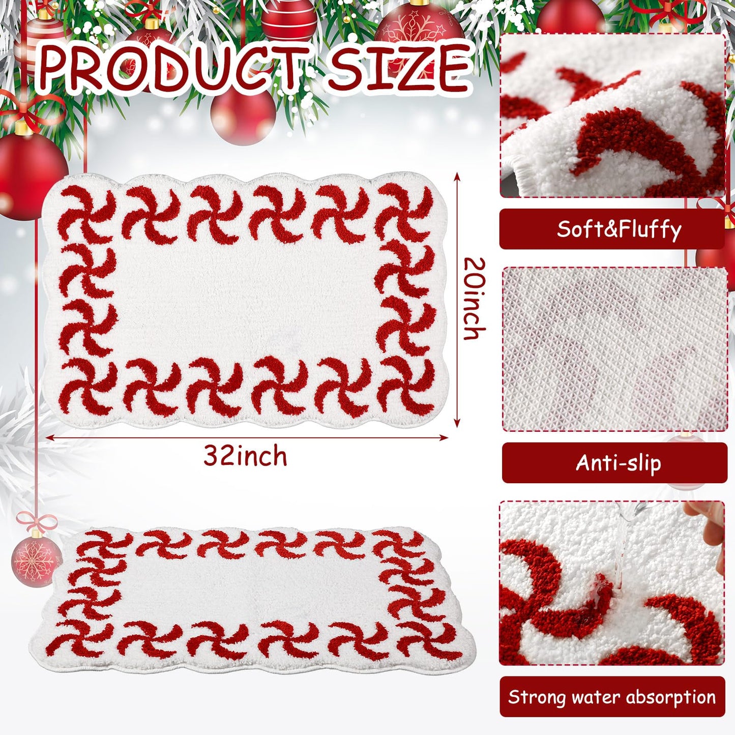 WILLBOND Scalloped Candy Christmas Bathroom Rug Peppermint Swirl Bath 32 x 20 Inch Nonslip Rug Flocking Christmas Bathroom Decor Soft Washable Shower Floor Mat for Tub Bedroom Holiday Home Decor