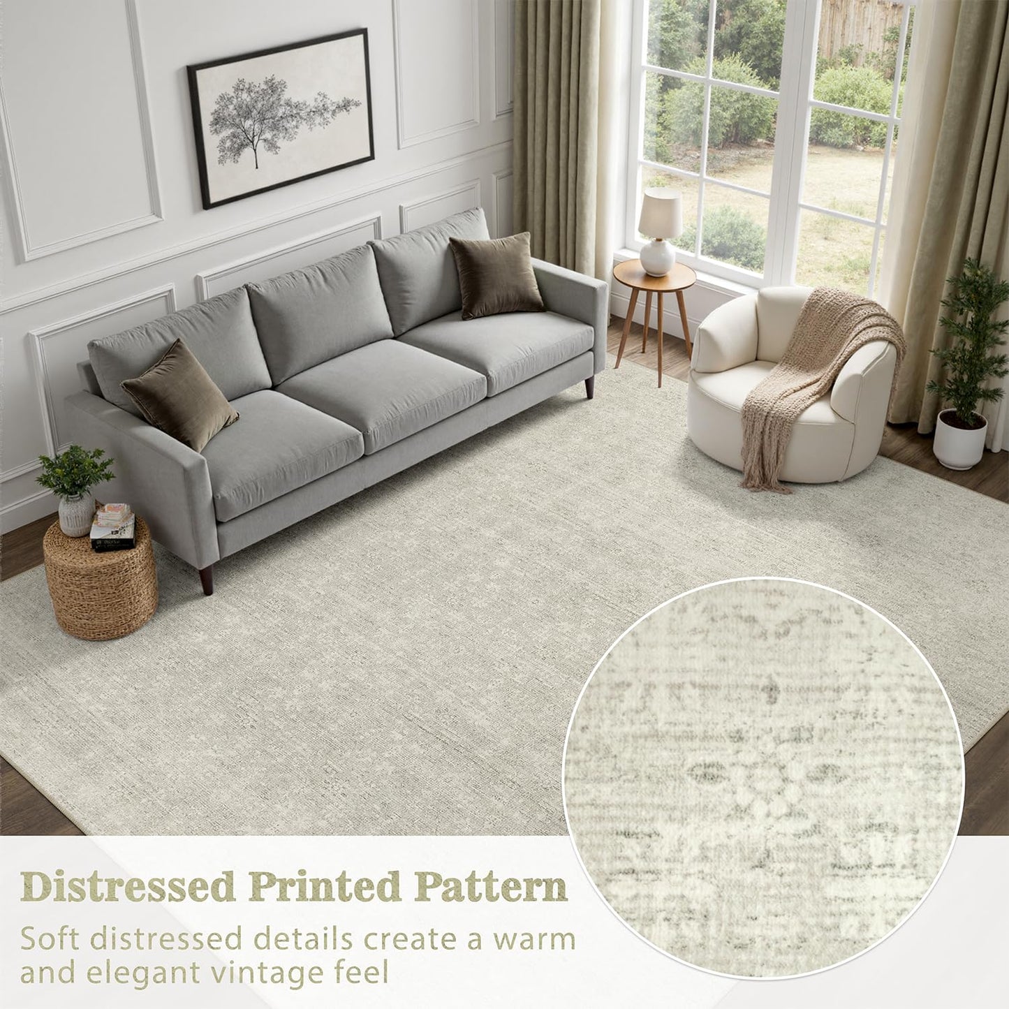 DCX 8x10 Beige Rug, Kid & Pet Friendly with Rubber Back Non Slip, Machine Washable Stain Resistant Neutral Floral Rug for Living Room, Bedroom, Home Office, Soft Low Pile Large Nursery Carpet