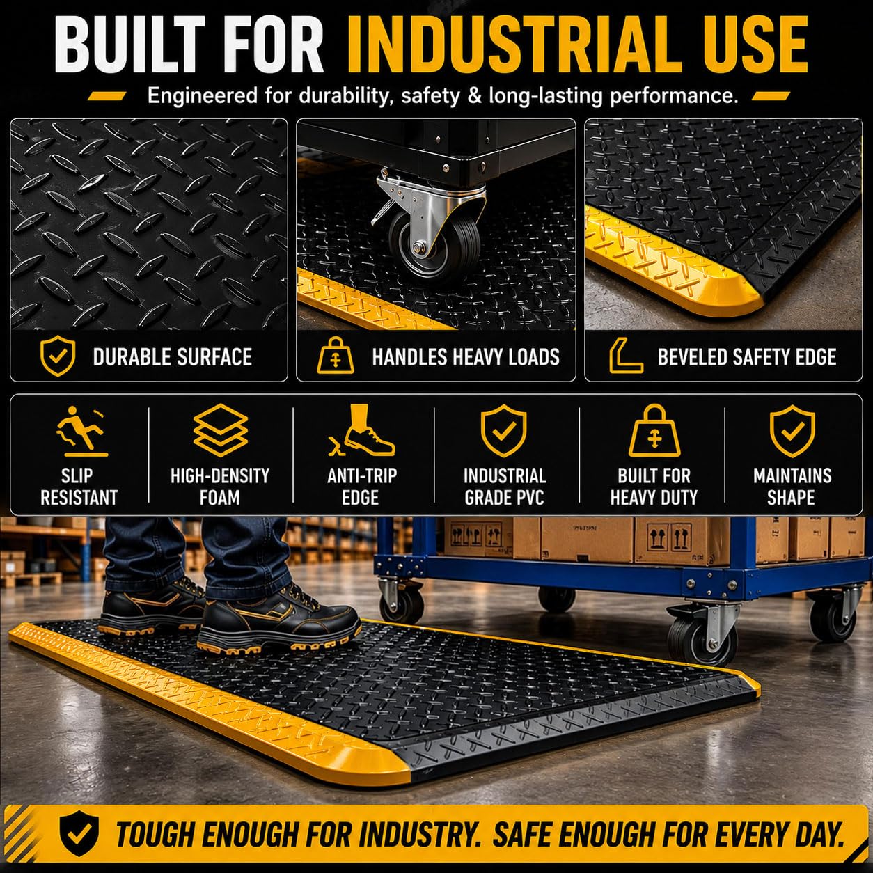 3' x 12' ESD Anti-Fatigue Conductive Mat, Durable Heavy Duty Diamond Plate, Soft Sponge Ergonomic Mat, Non Slip Waterproof Floor Mats for Commercial&Industrial Work Thick 3/4” Black with Yellow Border
