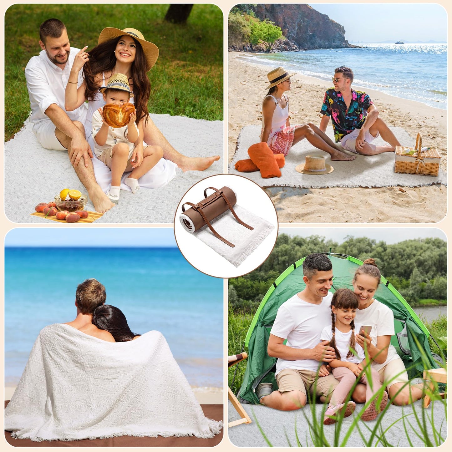 VitalCozy Waterproof Picnic Blankets 71×71 inch Outdoor Blanket Foldable 2 in 1 Double Layer Sandproof Beach Mat with Carry Strap for Camping Lawn Park Beach Grass(White)
