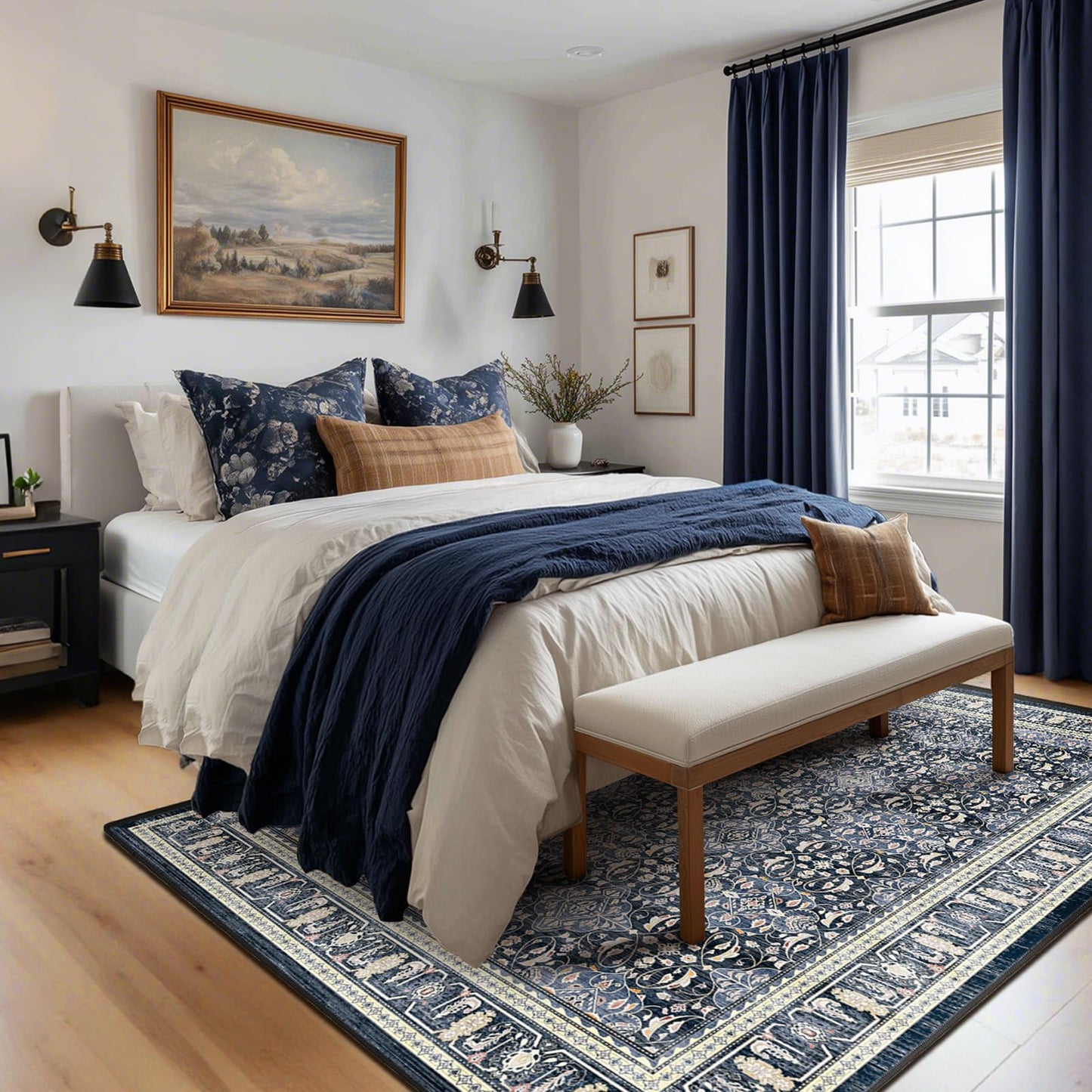 Jainmy Dark Blue 5x7 Area Rugs for Living Room Bedroom, Transitional Boho Moroccan Floral Trellis Printed, Washable Non Slip Low Pile Ultra Thin Soft Carpet Rugs for Dining Room/Kitchen/Home Office