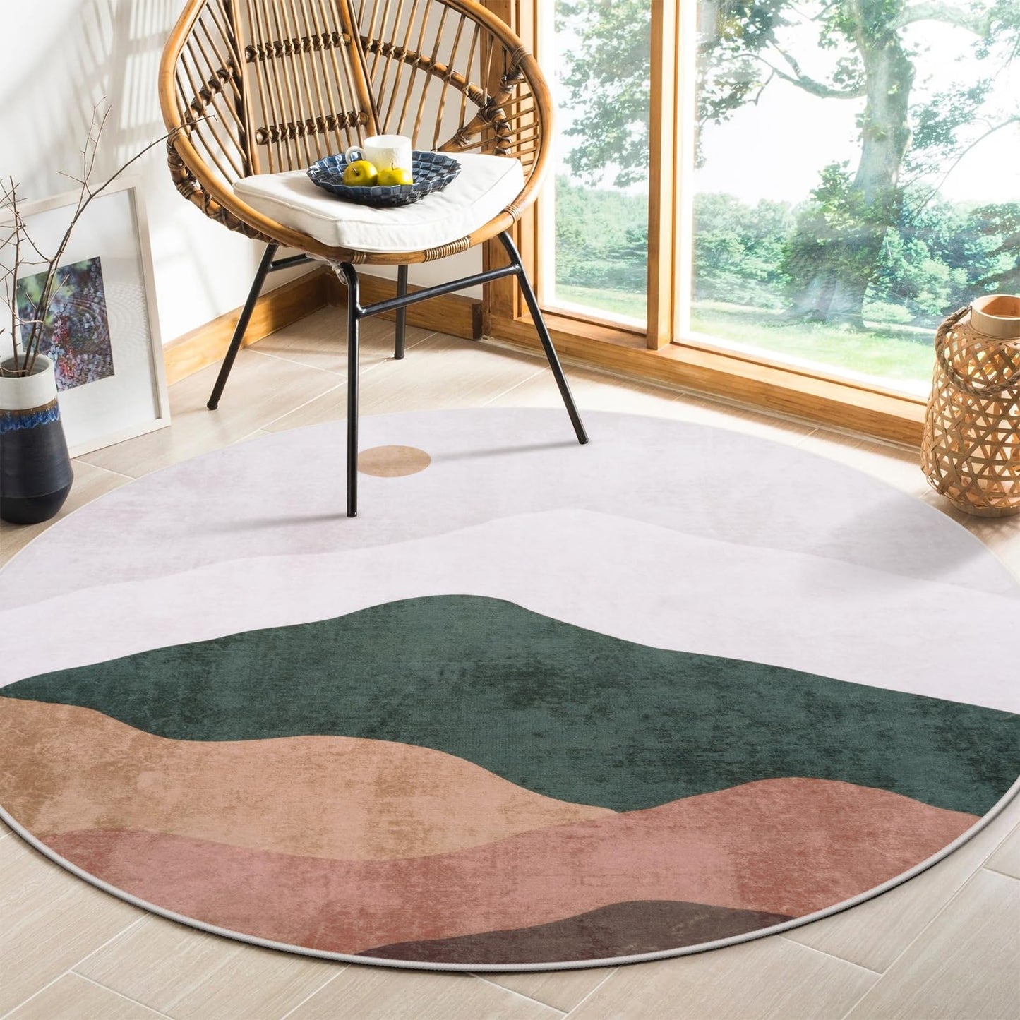 Sungea 4ft Abstract Round Rug,Soft Washable Non-Slip Sun and Mountain Circle Kids Room Rugs,Chic Faux Wool Low-Pile Circular Throw Rugs for Entryway/Bedroom/Nursery/Living Room/Bathroom(Grey)