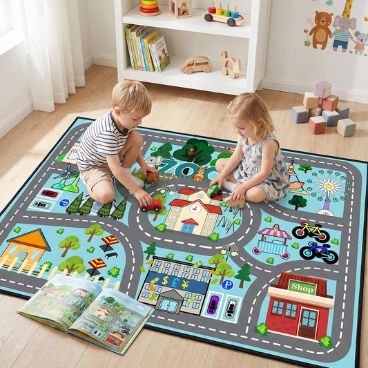 Car Rug Play Mat - Road Rug for Kids Boys Room, Fun Race Track Traffic Road Carpet for Boys Playmat Educational Learn, Car Carpet for Kids Room Decor Playmat Bedroom Playroom, 2.5x4 Feet