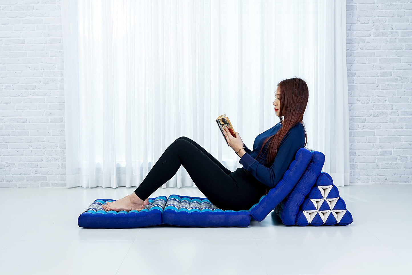 Leewadee Comfortable Japanese Floor Mattress - Thai Floor Bed with Triangle Cushion - Futon Mattress - XL Extra Long Thai Massage Mat, 89 x 20 inches, Blue, Kapok Filling