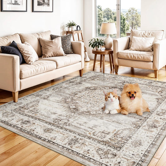 5x5 Area Rug Washable Living Room Rugs: 5ft Square Ultra Thin Soft Oriental Area Rugs Non-Slip Backing Farmhouse Rug Low Pile Thin Stain Resistant Indoor Carpets, 5' x 5' Beige