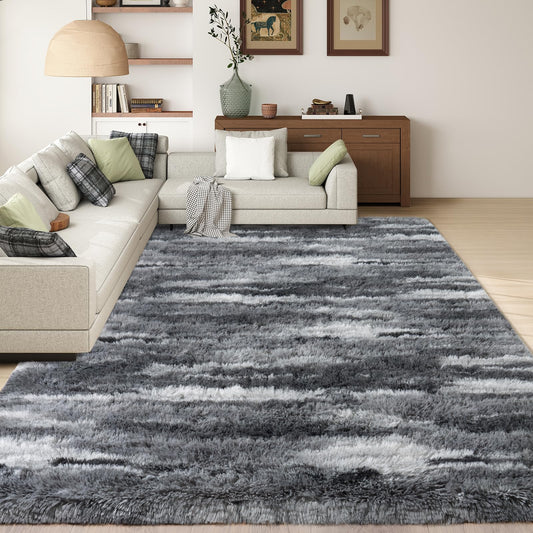 Ailyei Shag Rugs for Living Room 8x10, Ultra Soft Abstract Grey Big Fuzzy Rugs for Bedroom, 8 x 10 Fluffy Shaggy Plush Carpet Girls Kids Room Dorm Upgrade Non-Slip