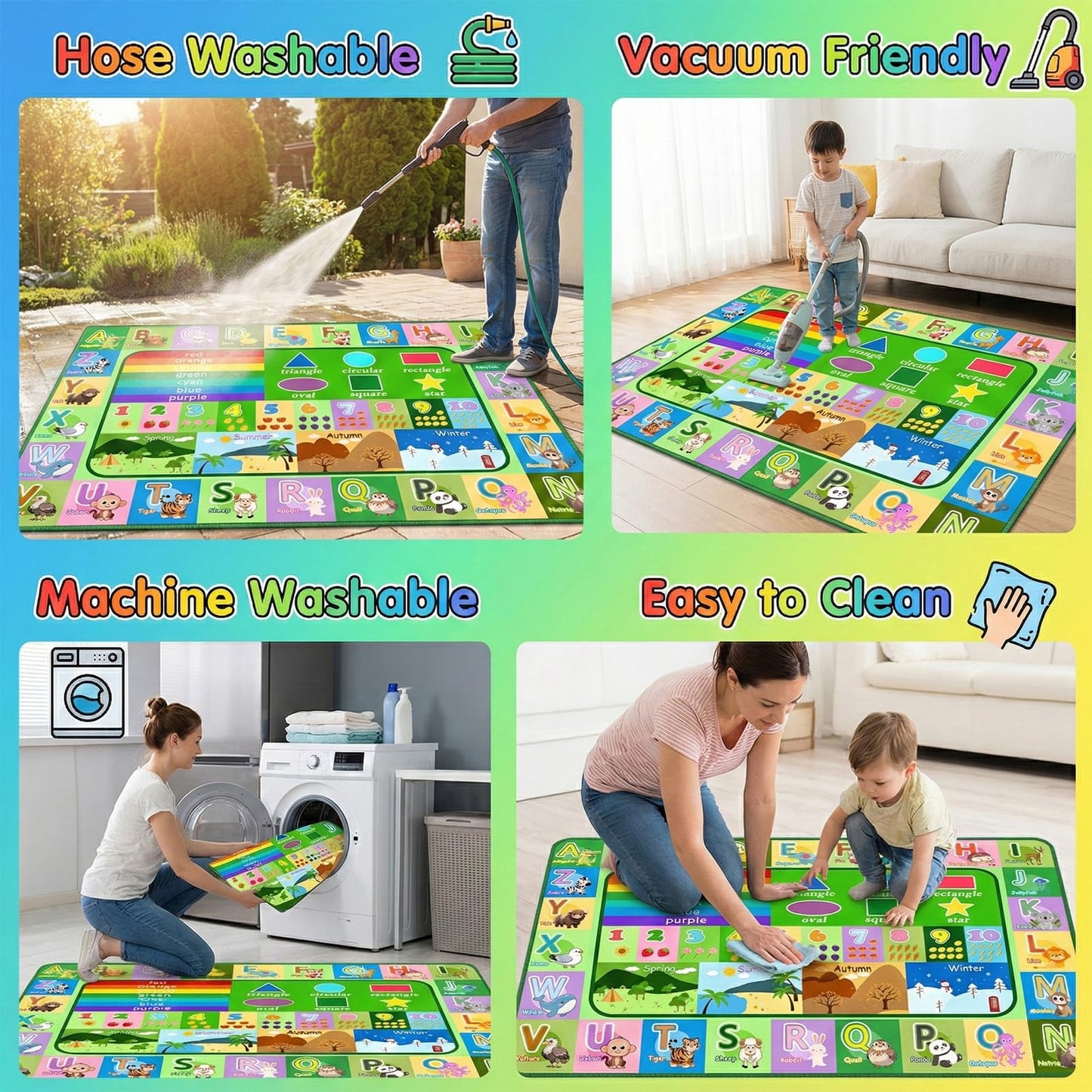 OGPJKEQR 3x5ft Kids Educational Rug, Non-Slip Machine Washable ABC Alphabet Mat & Learning Carpet for Playroom Bedroom, Nursery Floor Play Mat with Numbers, Animals & Seasons, Preschool Classroom Rugs