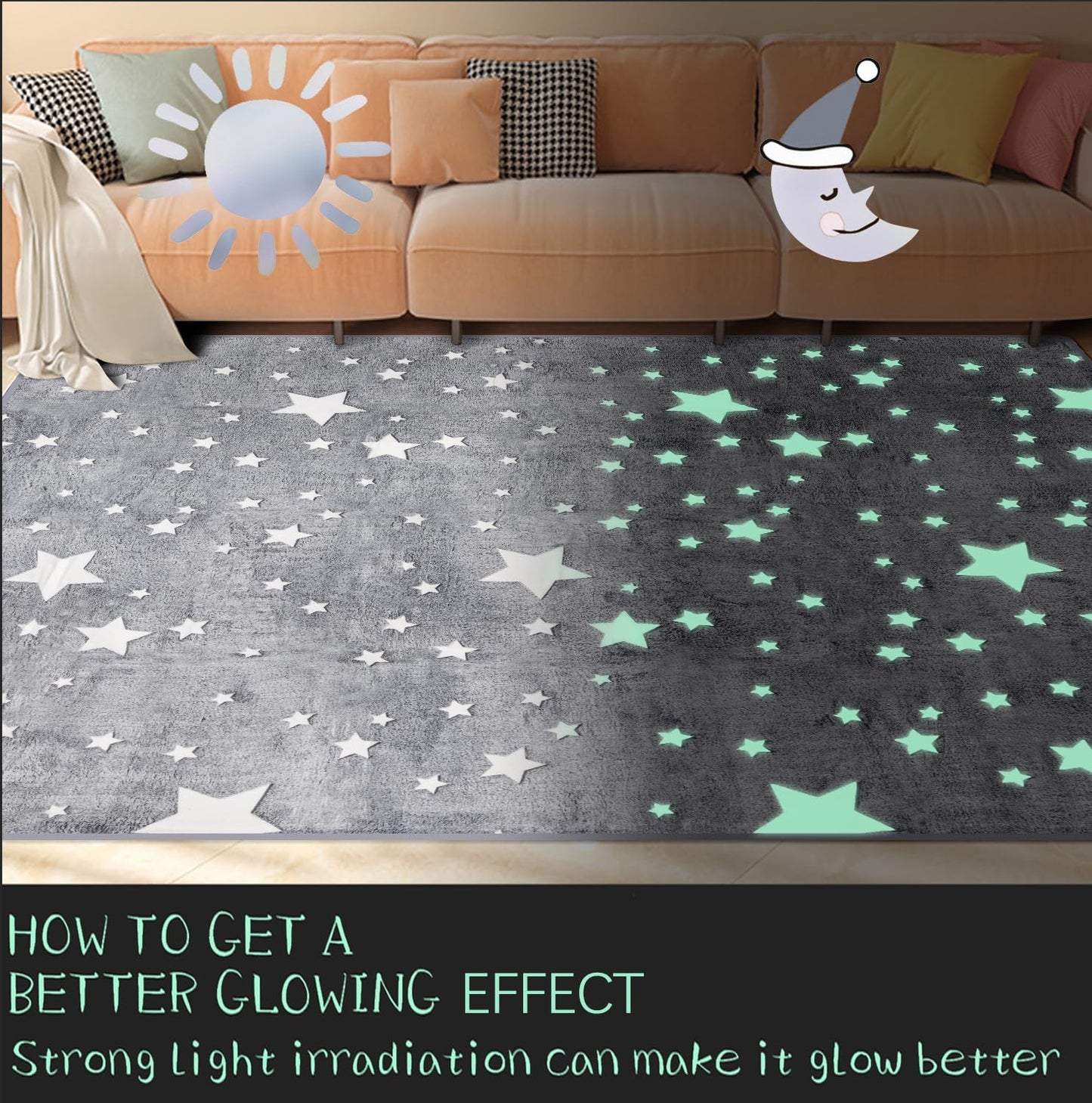 kksme Large Area Rug Carpet Glowing in The Dark Big Stars for Children Room Decor, Funny for Babyroom and Living Room, Rectangular Mat for Kids Bedroom Size 5'x6'