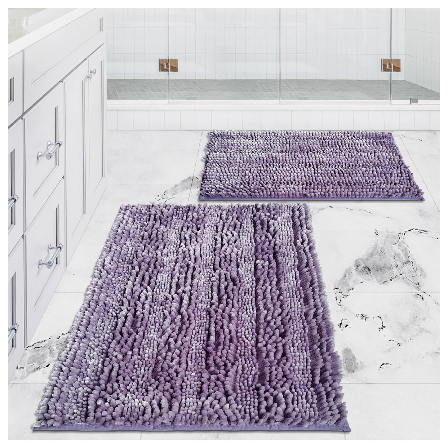 Civkor Bathroom Rugs Set 2 Pieces Light Purple Butter Chenille, Shiny Noodle Bath Mat Rug Set with Non Slip Backing, Super Water Absorbent Machine Washable 31x20 and 24x16 Inch, Lavender