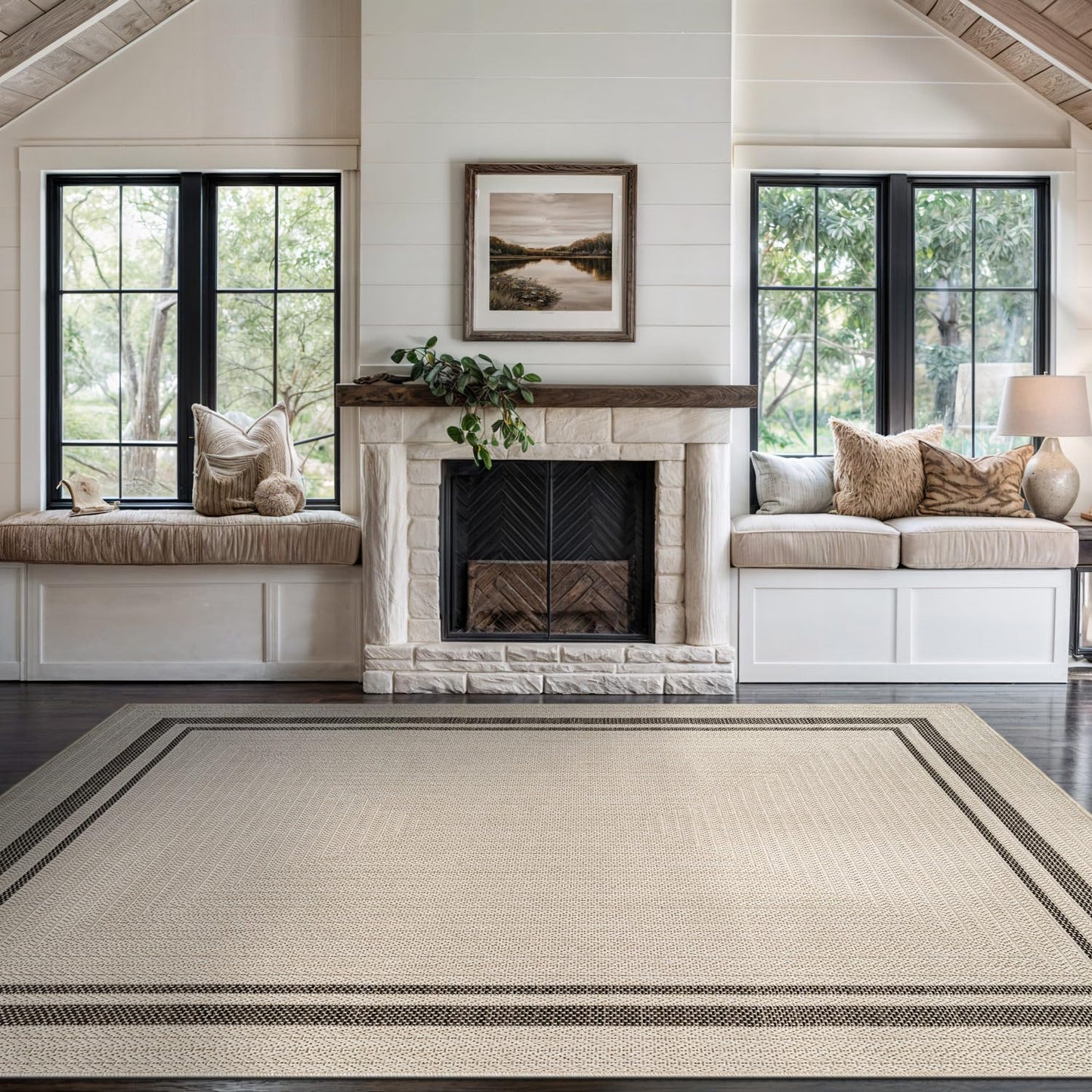 Beverly Rug Easy Jute Bordered Rug 9x12 Washable Large Indoor Outdoor Area Rugs for Living Dining Room Patio Office Stain Resistant Non Shedding Casual Indoor Outside Carpet 9 x 12 Off-White