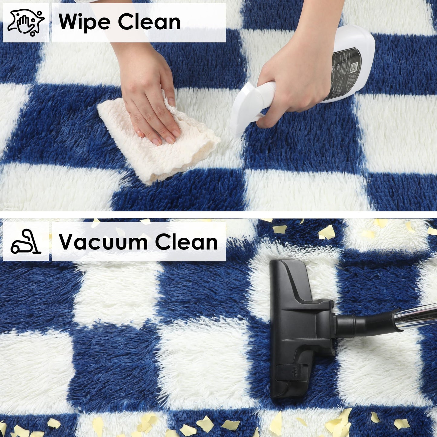 KICMOR Navy Blue and Cream White Rugs for Living Room, 4x6 Fluffy Fuzzy Shag Checkered Rug Shaggy Carpet for Bedroom, Soft Plush Area Rug for Nursery Toddler Room Classroom Study Room Kids Room