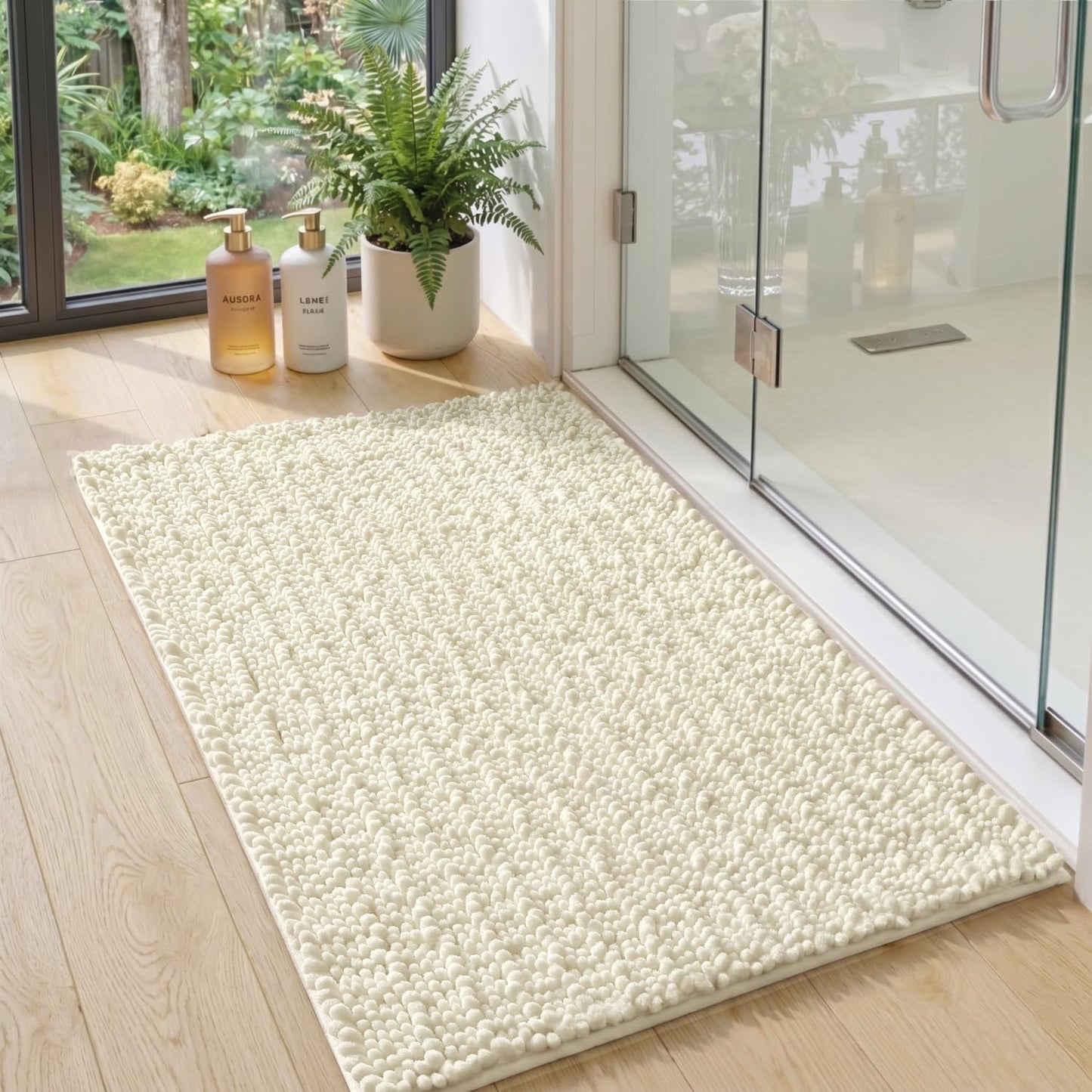 DEXI Bathroom Rugs 24x16, Super Soft Thick Chenille Absorbent Bath Mat, Non Slip Machine Washable Fluffy Shag Bathmat for Tub, Shower Floor, Ivory