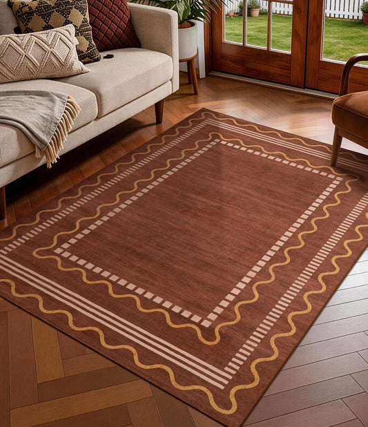 YIHOUSE Burnt Orange Scalloped Bedroom Rugs 3x5, Non-Slip Washable Farmhouse Border Rug for Living Room, Low-Pile Indoor Carpets, Stain-Resistant Vintage Rusty Rugs for Dining Room, Office