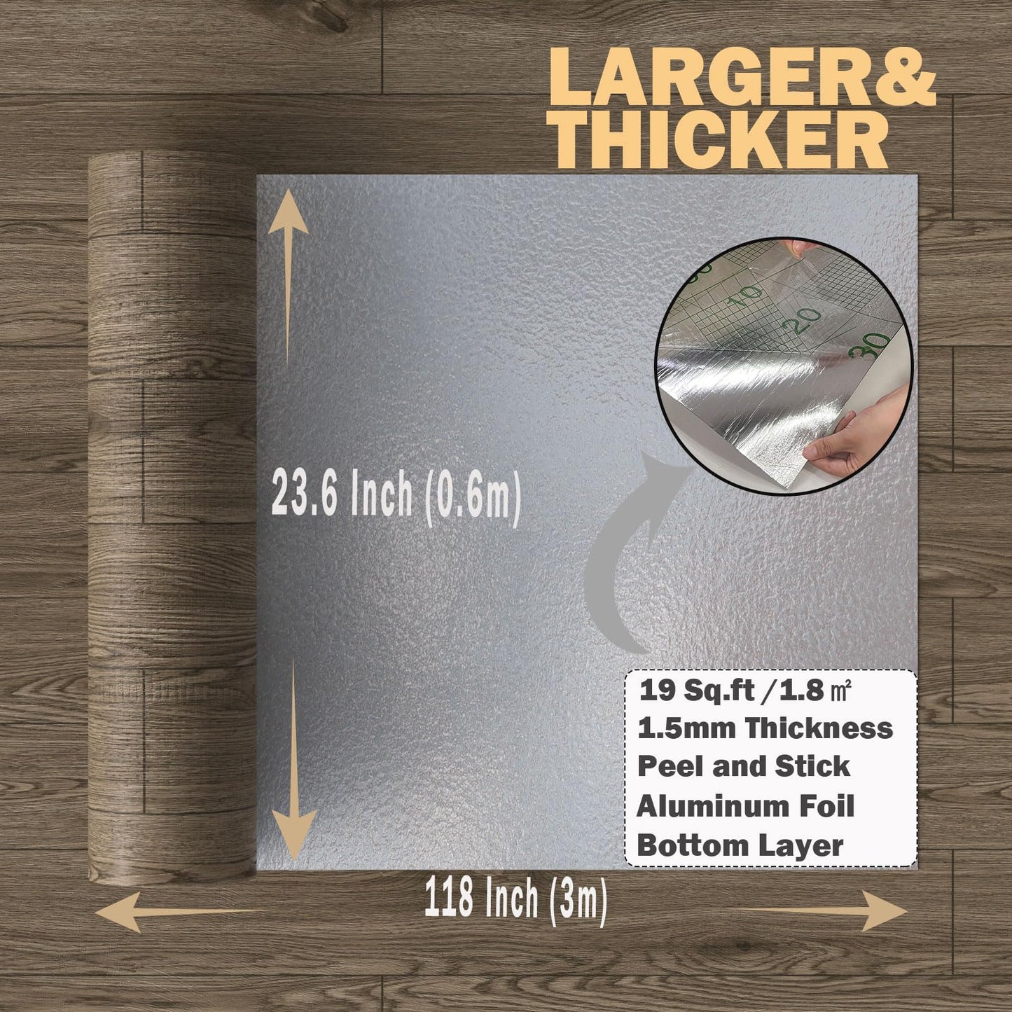 Oxdigi Peel and Stick Vinyl Flooring Roll 23"x 118"/19 Sq.Ft, Thicken Self Adhesive Vinyl Floor Tiles Wood Plank Flooring Waterproof Wear-Resistant for Any Room, Easy DIY Floor Coverings, Brown