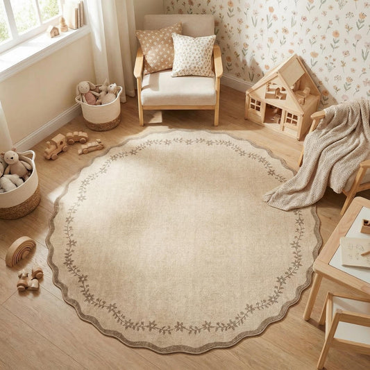 GarveeHome Round Area Rugs 4ft for Kids Room, Solid Jute Scalloped Washable Circle Rug Soft Non Slip Floral Print Floor Mat Tan Carpet Indoor Thin Tent Rug for Bedroom Dining Room Playroom Nursery