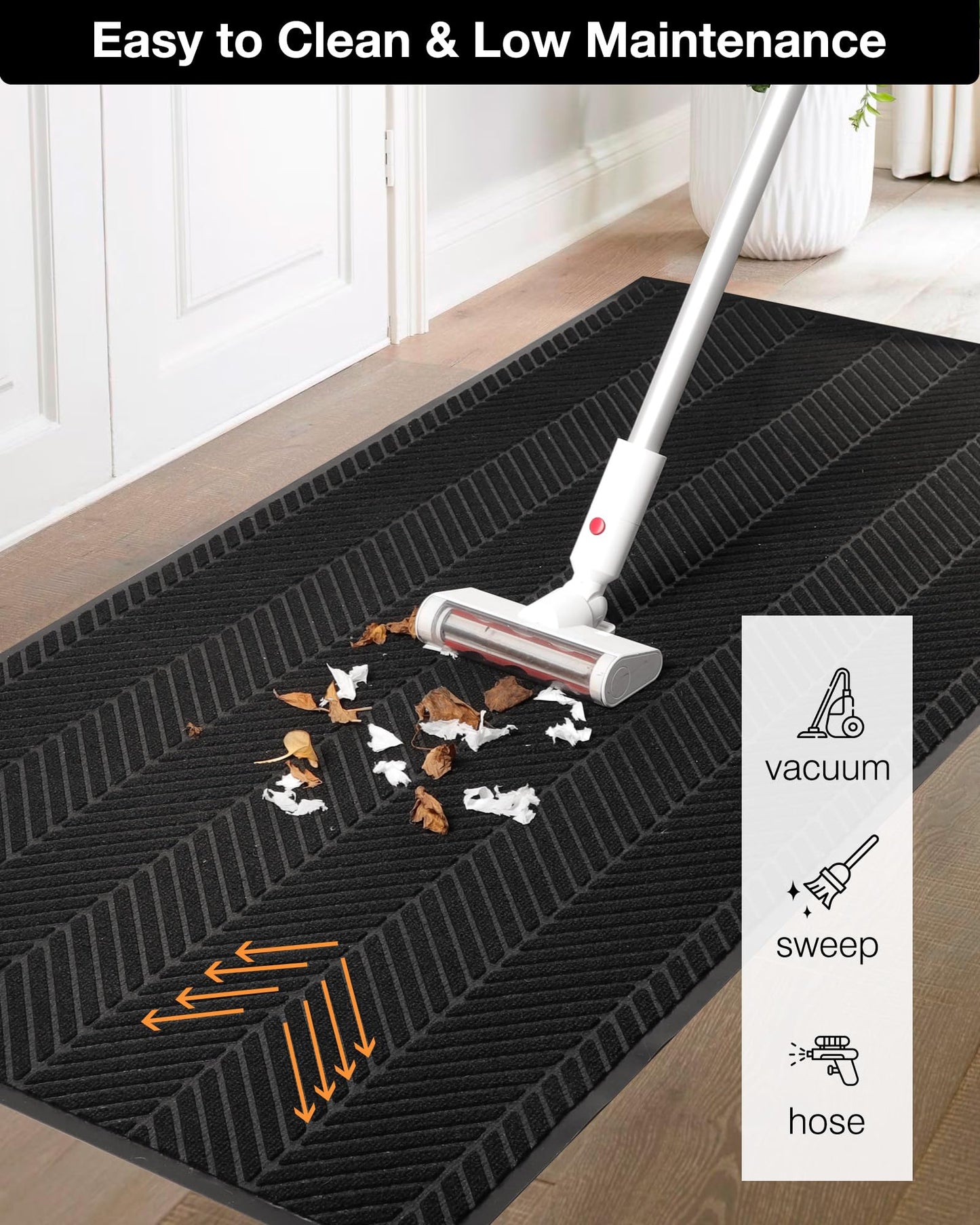 2′ x 6′ Heavy Duty Front Door Mat Indoor Outdoor Entrance, Easy Clean Non-Slip All Weather Commercial Floor Mat for Entryway, No Curling Waterproof Vinyl Welcome Mat (Black)
