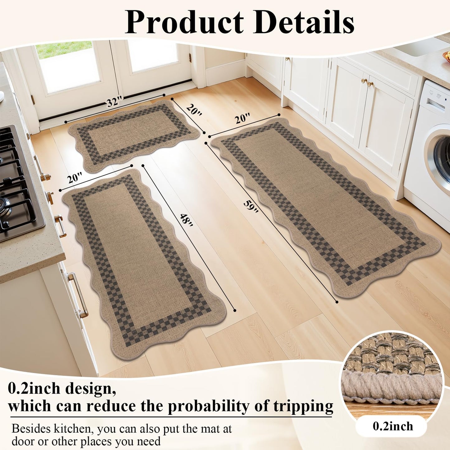 U'Artlines Non-Slip Scalloped Kitchen Rugs Set 3 PCS, 20"x32"+ 20"x48"+20"x59" Washable Low Profile Easy Jute Kitchen Floor Mats Runner Set for Sink Hallway Entryway Laundry Decor(Checked)