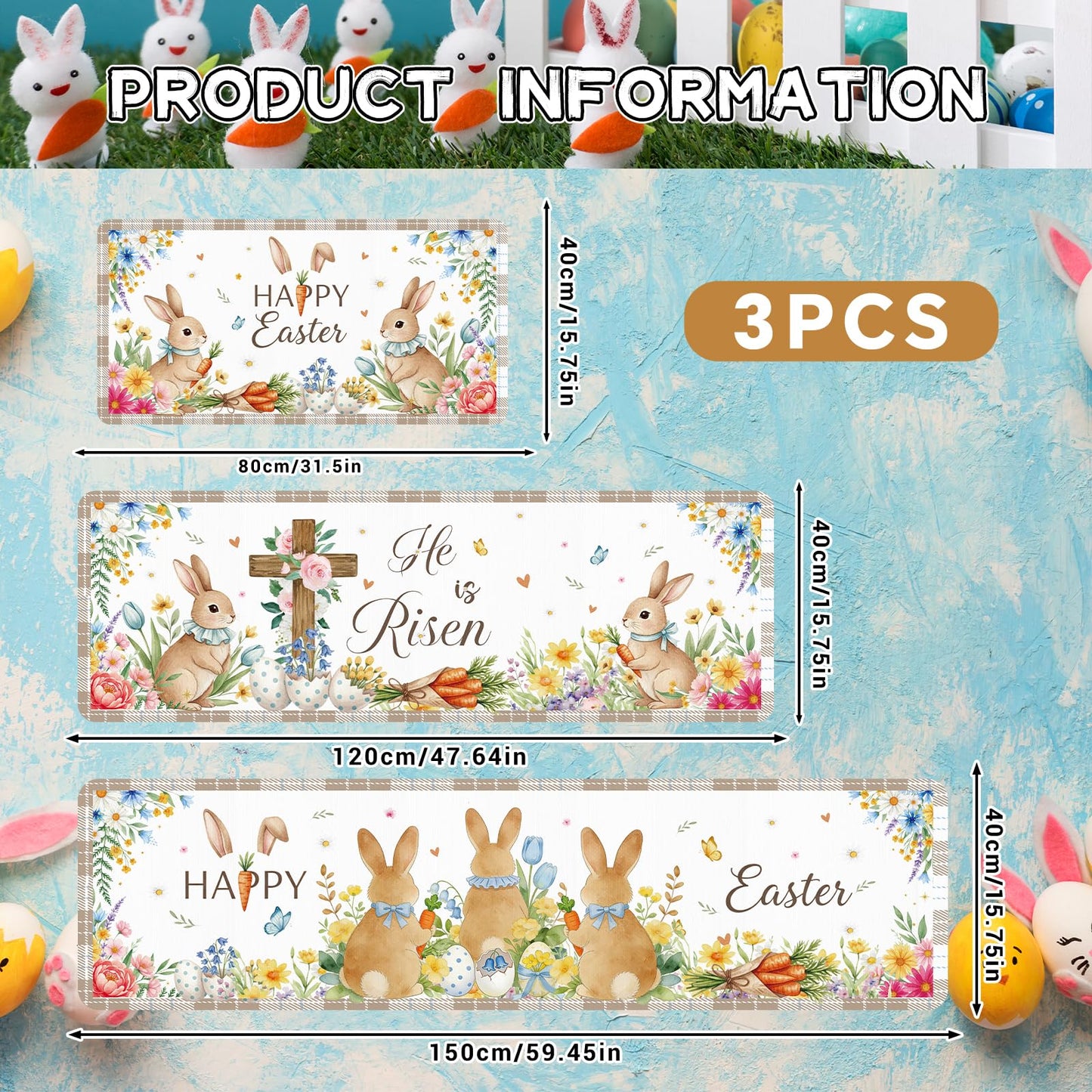 VISSTREE Happy Easter Kitchen Rugs Set of 3, Cute Bunny Egg Non Slip Kitchen Mats, Washable Rabbit Christian Floor Decor for Indoor Outdoor Spring Seasonal Holiday Farmhouse Home Decorations