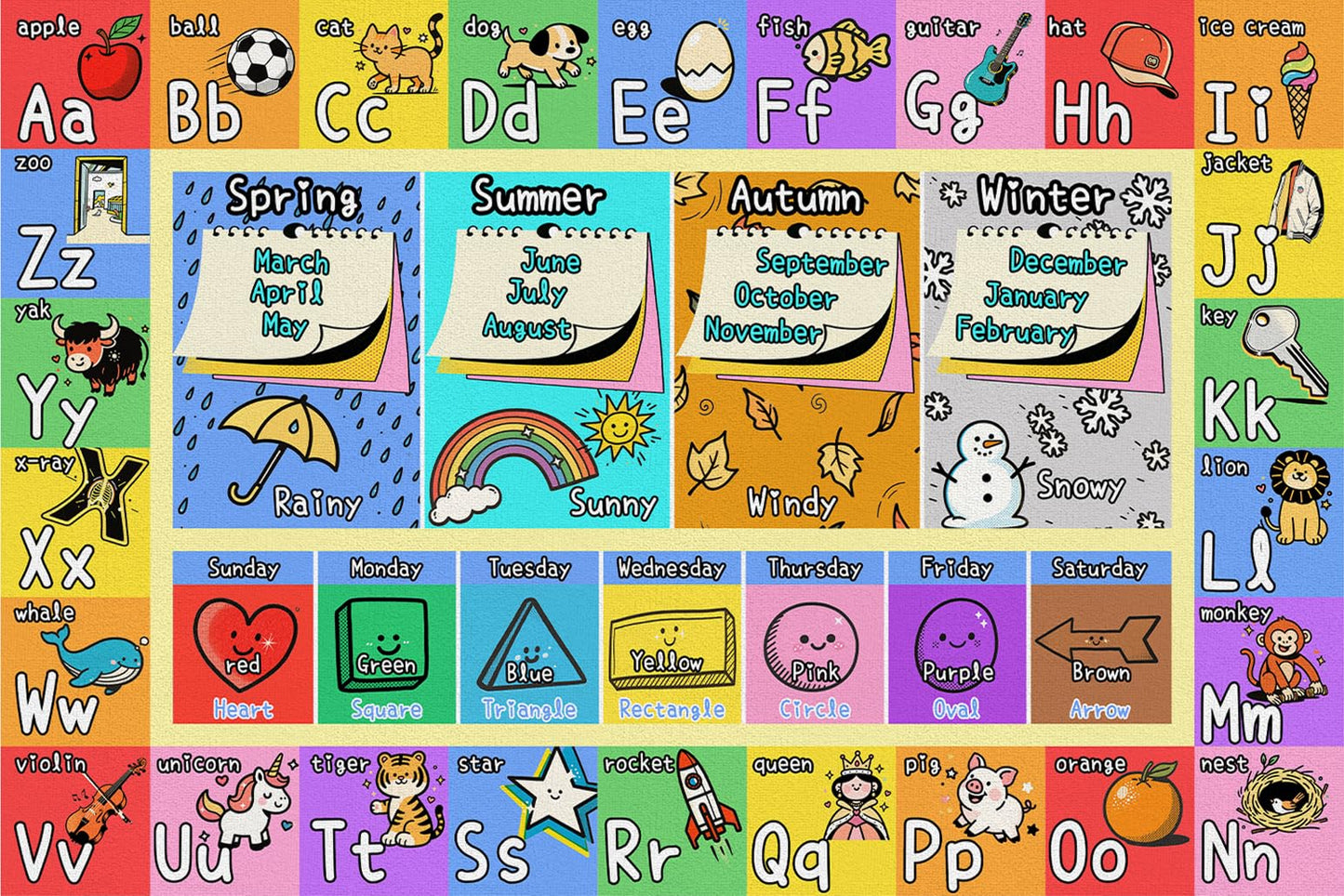 ABC Kids Playroom Rug 4x6 - Soft & Non-Slip Educational Play Mat, Preschool Classroom, Daycare Rug with ABCs, Colors, Shapes, Seasons, Washable Playmat for Toddler Nursery & Kids Room (48x72 Inch)