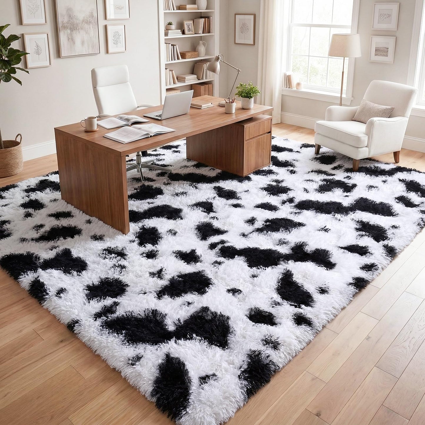DweIke Fluffy Black White Rugs for Bedroom Living Room, 4x6 Feet Soft Plush Shaggy Cow Hide Print Girls Boys Kids Rug, Non-Slip and Machine Washable Carpet for Dorm Nursery Classroom Decor
