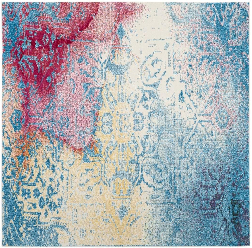 SAFAVIEH Watercolor Collection 6'7" Round Light Blue / Light Yellow WTC620G Boho Chic Overdyed Medallion Non-Shedding Dining Room Entryway Foyer Living Room Bedroom Area Rug