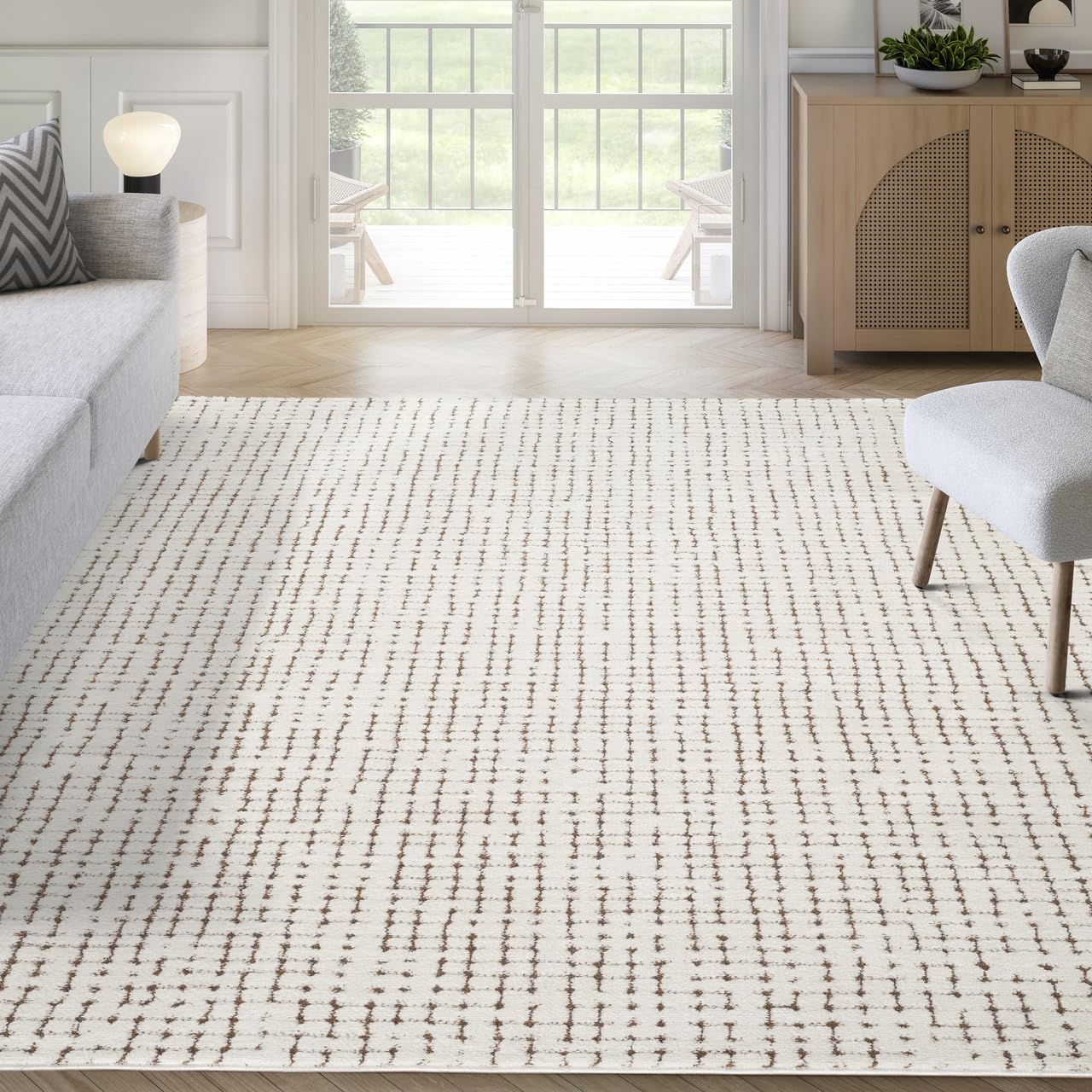 Abani Cream/Brown Area Rug – 5' x 8' – Oliver Collection – Crosshatch Pattern – Non-Shedding, Easy to Clean – Durable for Living Room, Bedroom, or Office, Pet & Child Friendly
