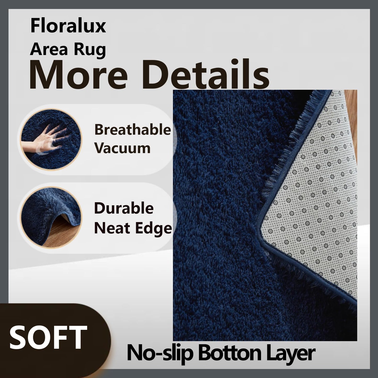 Floralux 5x7 Soft Fluffy Shag Area Rug for Living Room, Bedroom, Kid's Room, Dark Blue, Upgraded Anti-Skid Plush Carpet