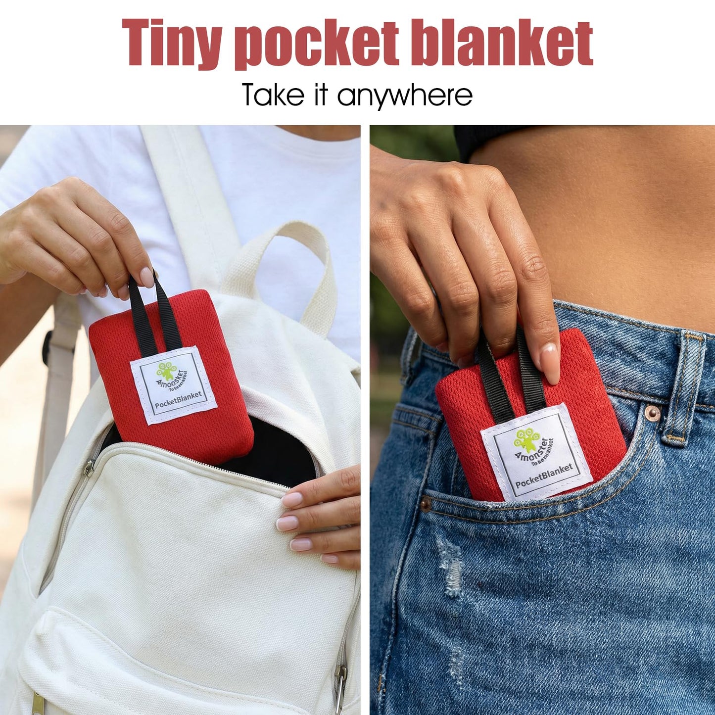 Bremorou Pocket Picnic Blanket, 43" Waterproof Mat, Foldable Travel Beach Mat for Hiking Camping, 90% Nylon Sandproof Red Black Lightweight for Outdoor Beach Hiking Camping
