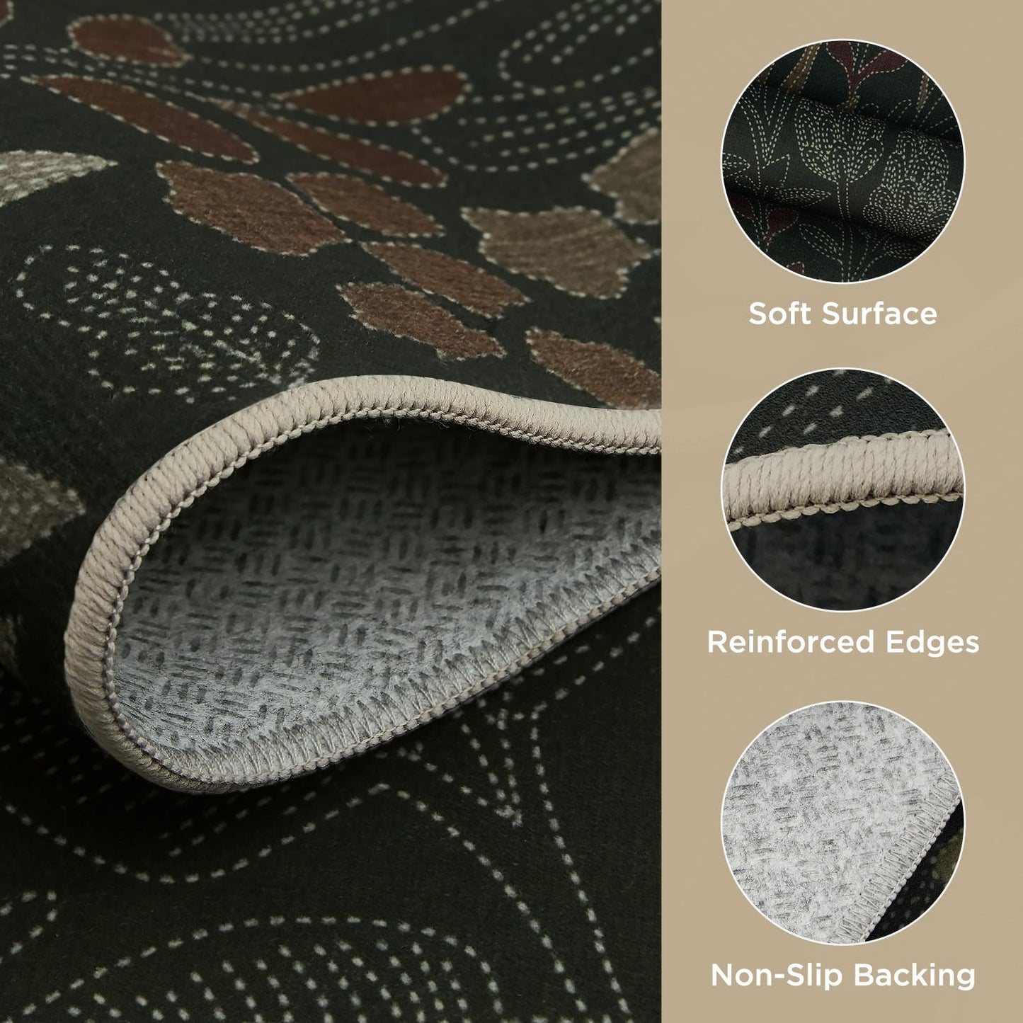 Joydeco Mushroom Washable 8x10 Area Rugs for Living Room, Boho Floral Bedroom Rug Non Slip, Soft Botanical Low-Pile Floor Indoor Throw Carpet for Dining Dorm Home Office, Black-Brown