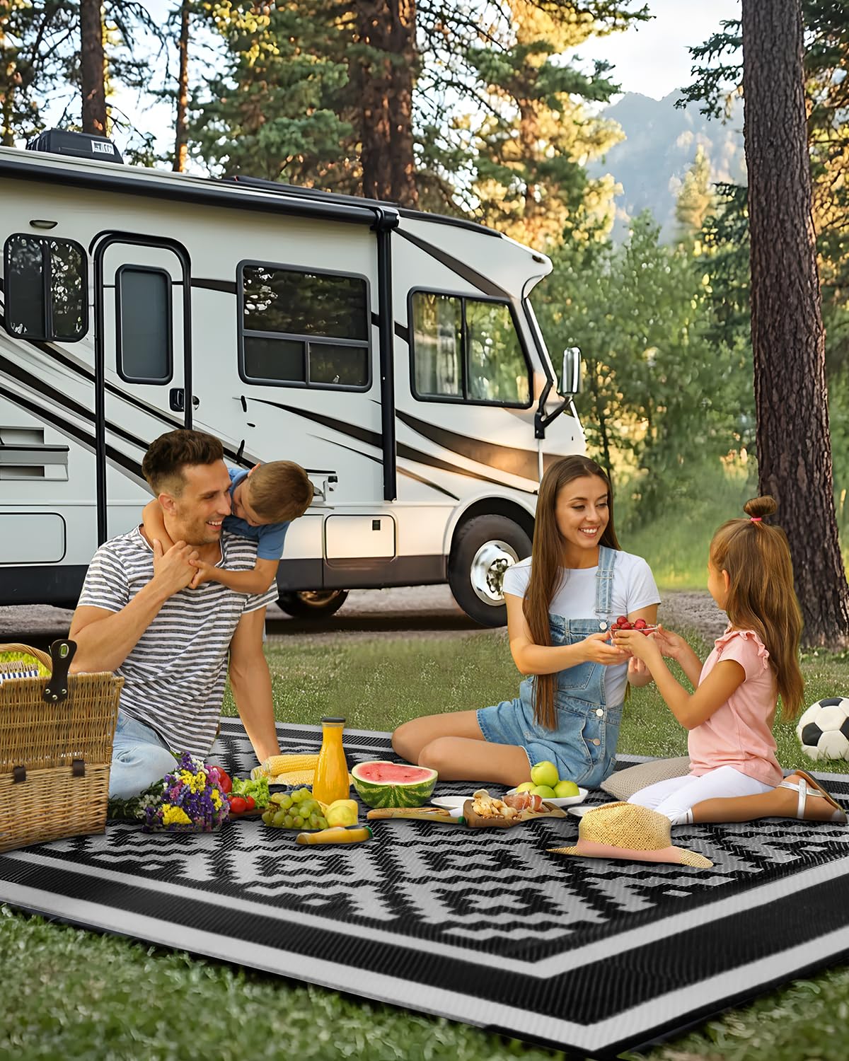 Kohree RV Outdoor Rug 9x12 Reversible, Waterproof Patio Mat with 4 Stakes & UV Fade Resistant, Non-Slip Outdoor Camping Mat for Deck, Picnic, Backyard, Includes Carry Bag (Black & Grey)