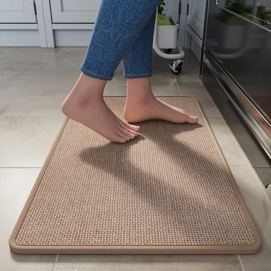 YDKGL Kitchen Rugs Mat Non Slip Washable, Linen-Look 0.3" Thick Soft Cushioned Absorbent Kitchen Mats for Floor, Mild Anti-Fatigue Runner Rug Sink Mat Laundry Standing Mats, Easy Clean, Brown 17"x30"