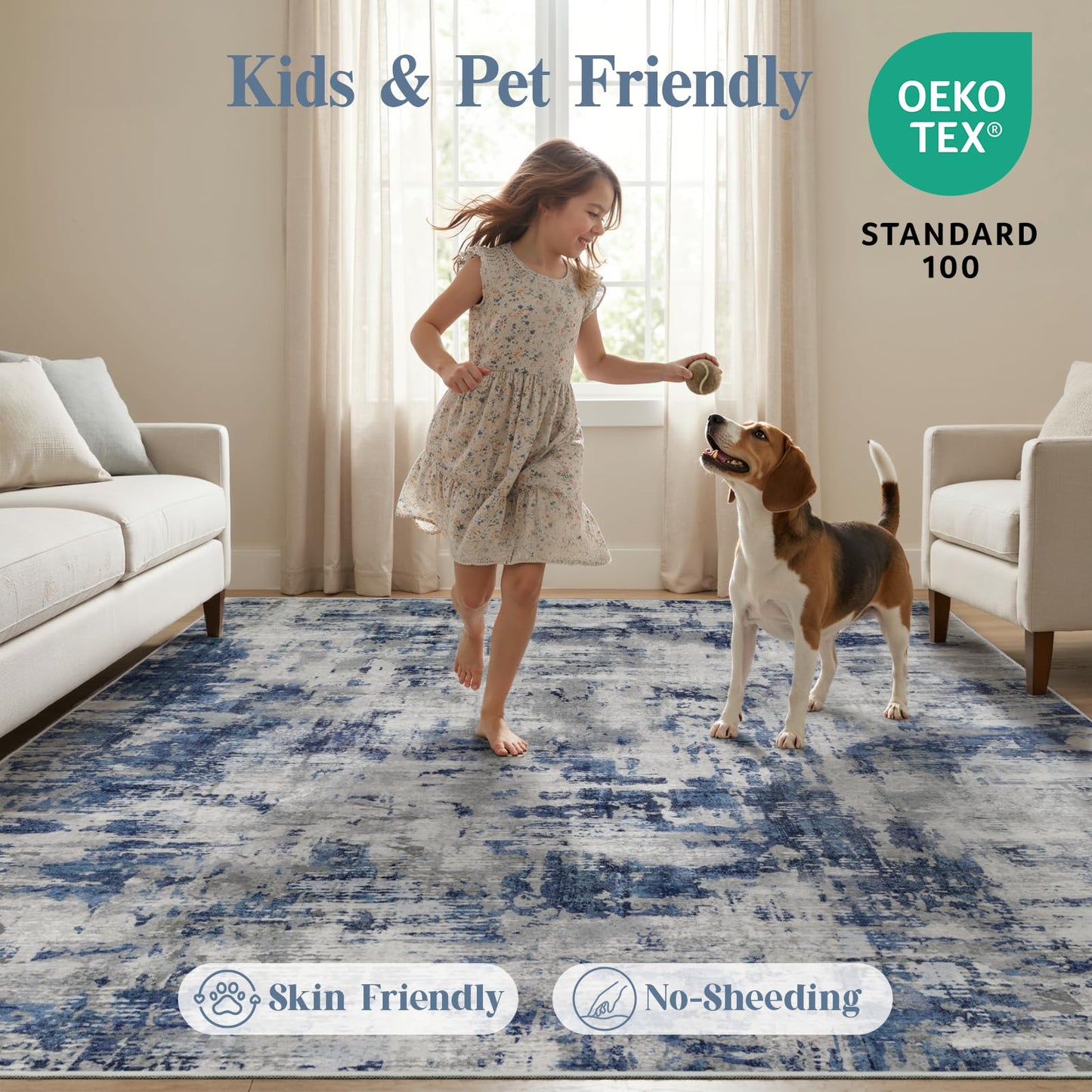 Groovoft 8x10 Area Rug for Living Room, Washable Modern Abstract Large Rug, Soft Low Pile Non Slip Indoor Floor Carpet for Bedroom Dining Room Home Office, Blue Grey