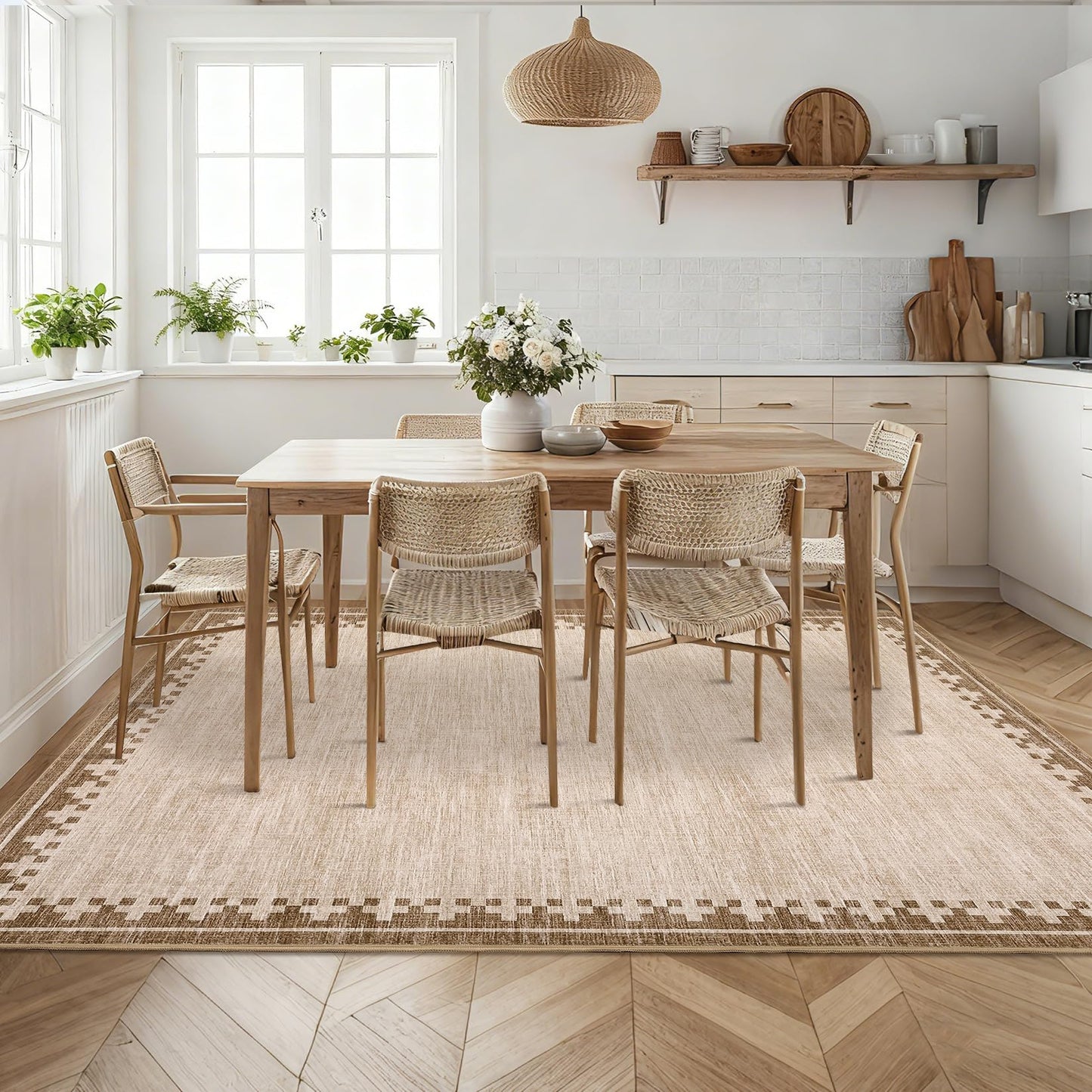 GarveeHome Cross Bordered Large Area Rug 9x12 Machine Washable Non Slip Low Pile Dining Room Carpet Geometric Stain Resistant Living Room Bedroom Home Office Rug, Beige