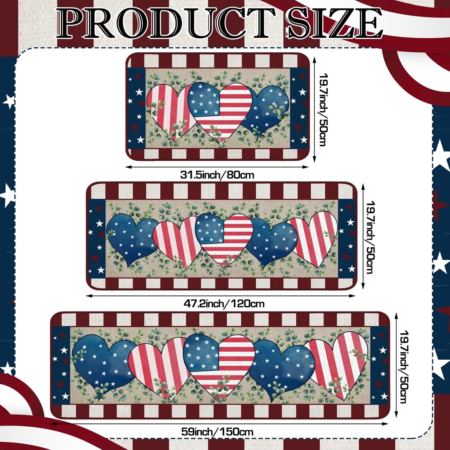 Bencailor 3 Pcs Patriotic Kitchen Rugs and Mats Set Non Slip Memorial Day 4th of July Mats for Floor Home Bathroom 250th Anniversary Decor