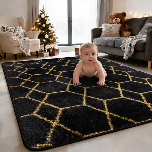 5x7 FT Soft Rug for Living Room, Geometric Shag Soft Area Rug, Classic Rug Anti-Skid High Pile Fluffy Carpet for Kids Room Nursery, Dorm Home Decor