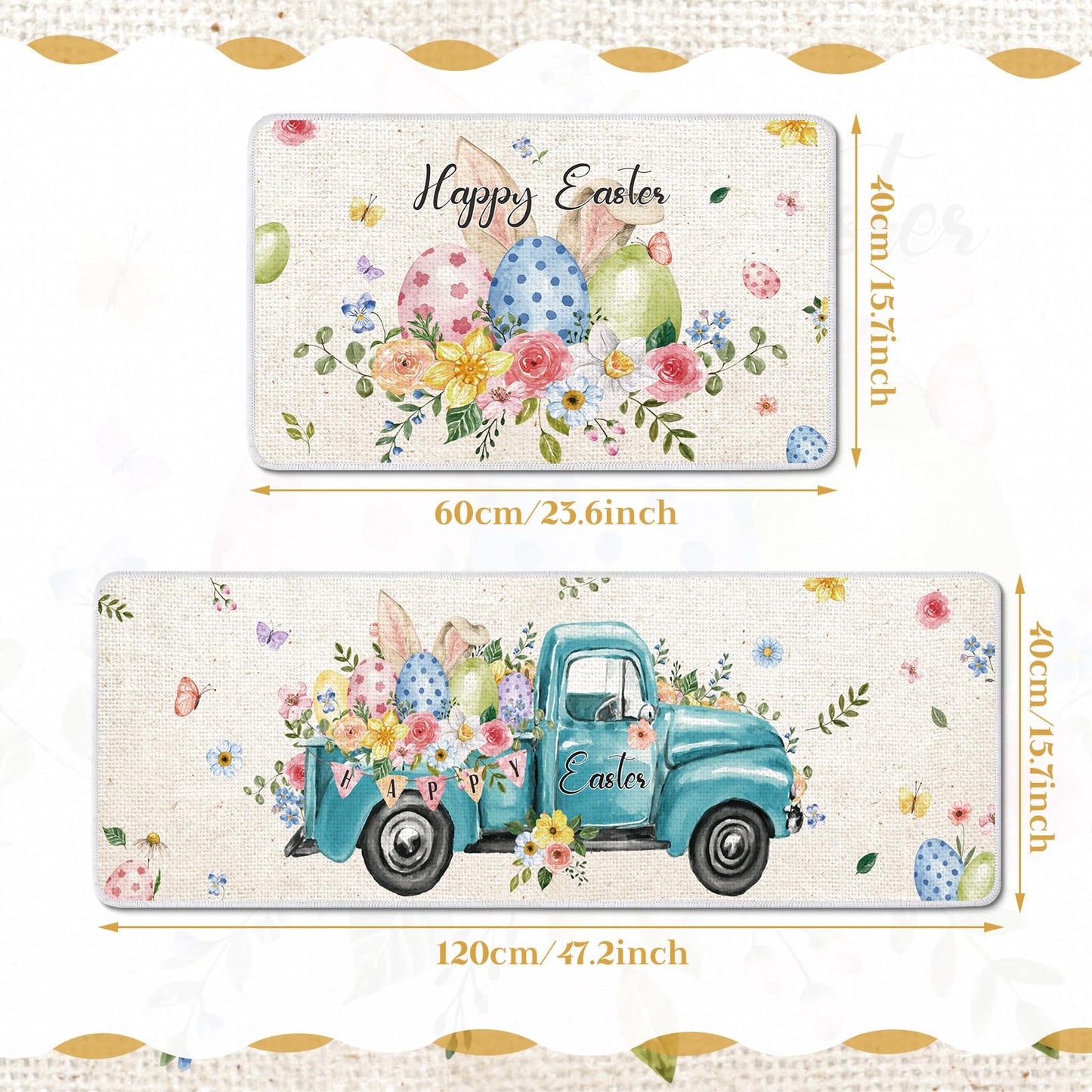 Drydiet 2 Pcs Easter Kitchen Mats Non Slip Washable Kitchen Rugs and Mats Truck Easter Egg Decorative Kitchen Floor Mat Seasonal Doormat for Home Bathroom Holiday Easter Party Decoration