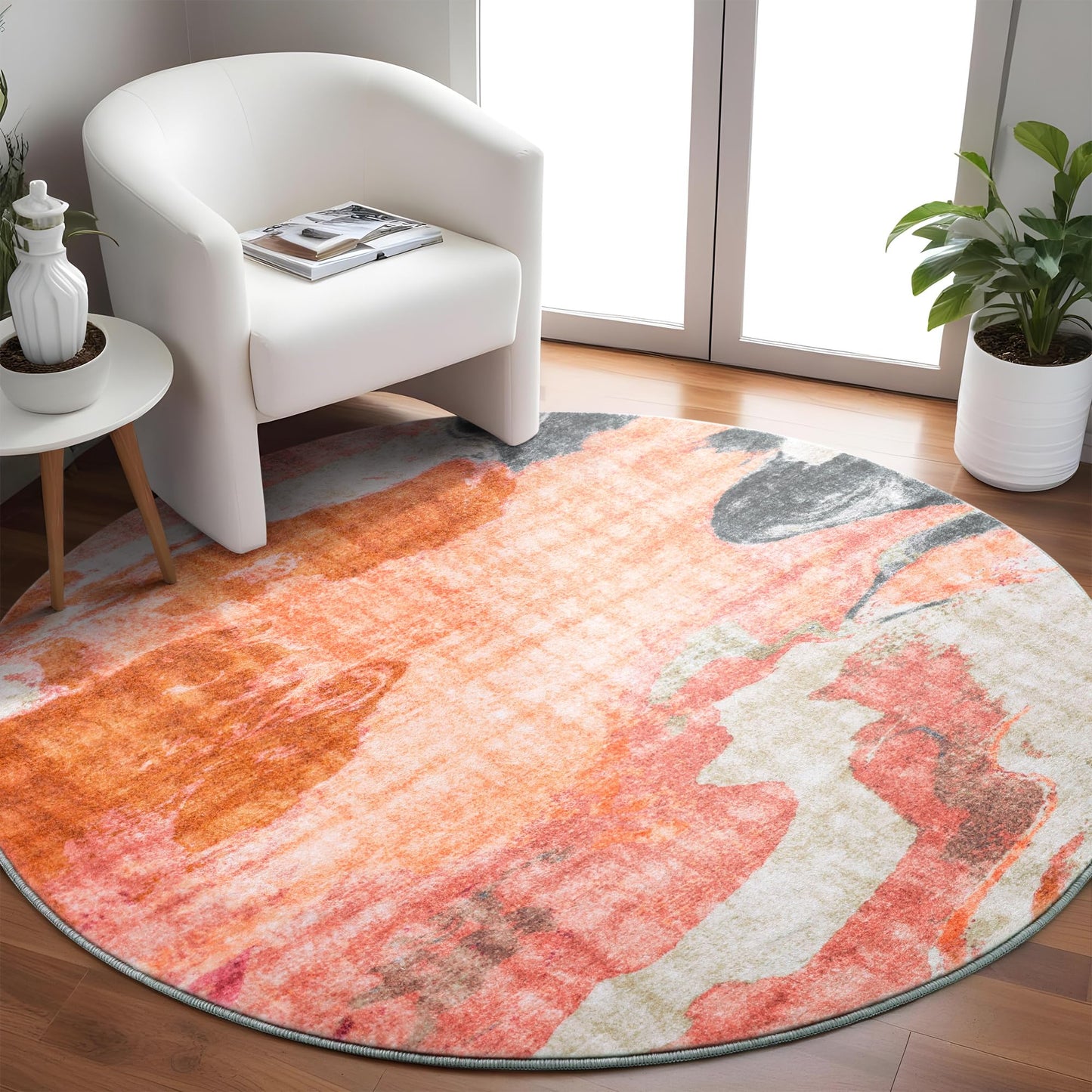 Carvapet 3ft Round Desk Chair Mat - Red Orange Modern Abstract Circle Rug, Washable Non Slip Rubber Backing Rolling Wheel Floor Protector for Office