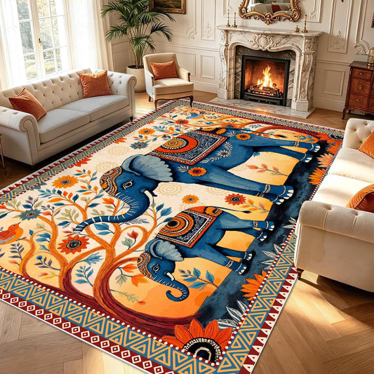 Boho Elephant Family Area Rug, 5x7ft Vintage Floral Mandala Tribal Pattern TPE Backing Non-Slip Washable Carpet, Bohemian Ethnic Floor Mat for Living Room Bedroom Entryway Farmhouse Home Decor