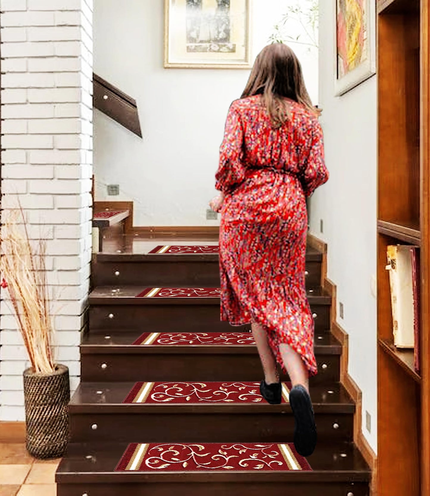 Gloria Non Slip Rubber Back Pet Friendly Floral Design Carpet Stair Treads Stairway mats (13, RED)