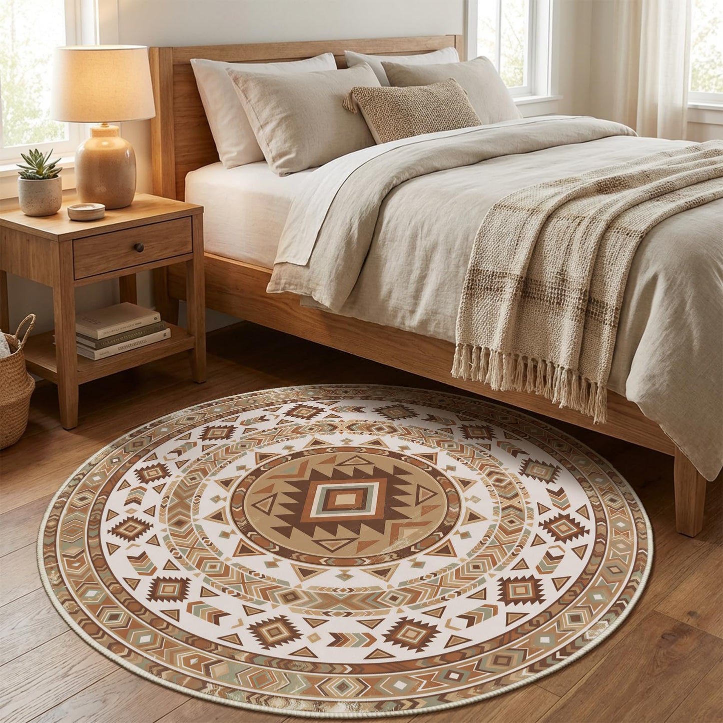 Doteon 3ft Southwestern Round Rug, Geometric Tribal Circle Carpet, Soft Faux Cashmere Non-Slip Rug for Bedroom and Entryway