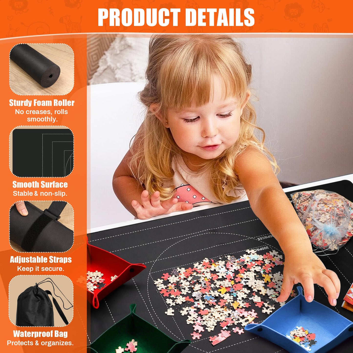 Bofoho Jigsaw Puzzle Mat Roll Up 46" x 26" for 1000 1500 Pieces, Portable Saver Pad with Non-Slip Rubber Bottom & Smooth Top, 6 Sorting Trays, Storage Bag, 50 Puzzle Saver Sheets & Scraper Tool