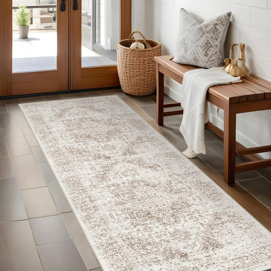 EISUROM Hallway 2x5 Runner Rug - Vintage Non-Slip Long Rug for Entryway Low-Pile Washable Medallion Rugs for Hallway Waterproof Traditional Indoor Thin Rugs for Kitchen (Ivory/Beige)