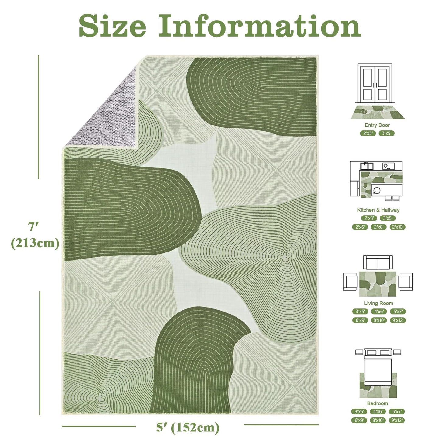 Yinhua Abstract Area Rug 5x7, Green Living Room Rug Washable Modern Rugs Non Slip, Soft Area Rugs Low Pile, Faux Wool Carpet for Bedroom, Dining Room, Green
