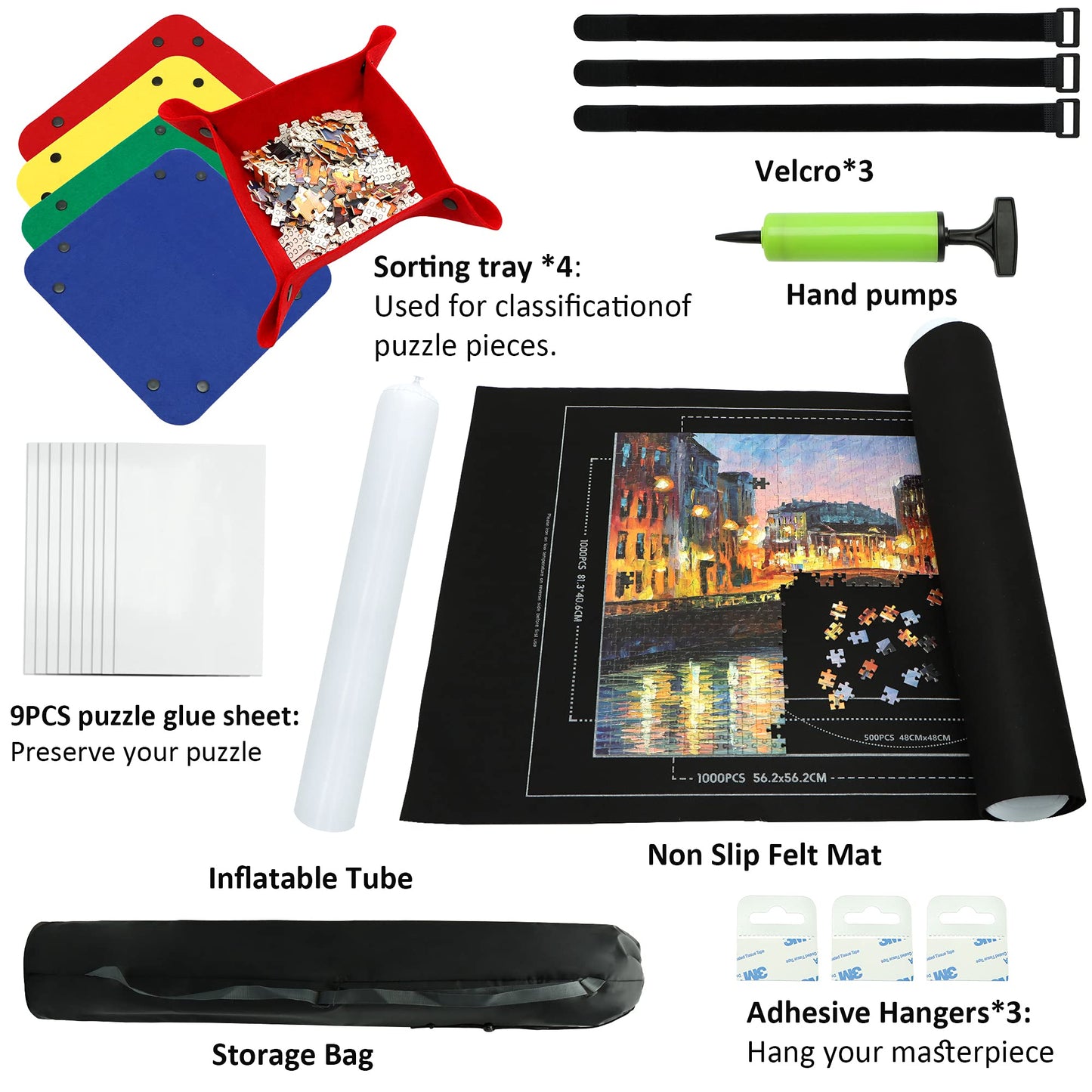 Portable Puzzle Mat Roll Up - with 9 Glue Sheets, Sorting Trays, Hand Pump, Inflatable Tube, and Storage Bag - Perfect for Kids and Adults (Black, 1500pcs)