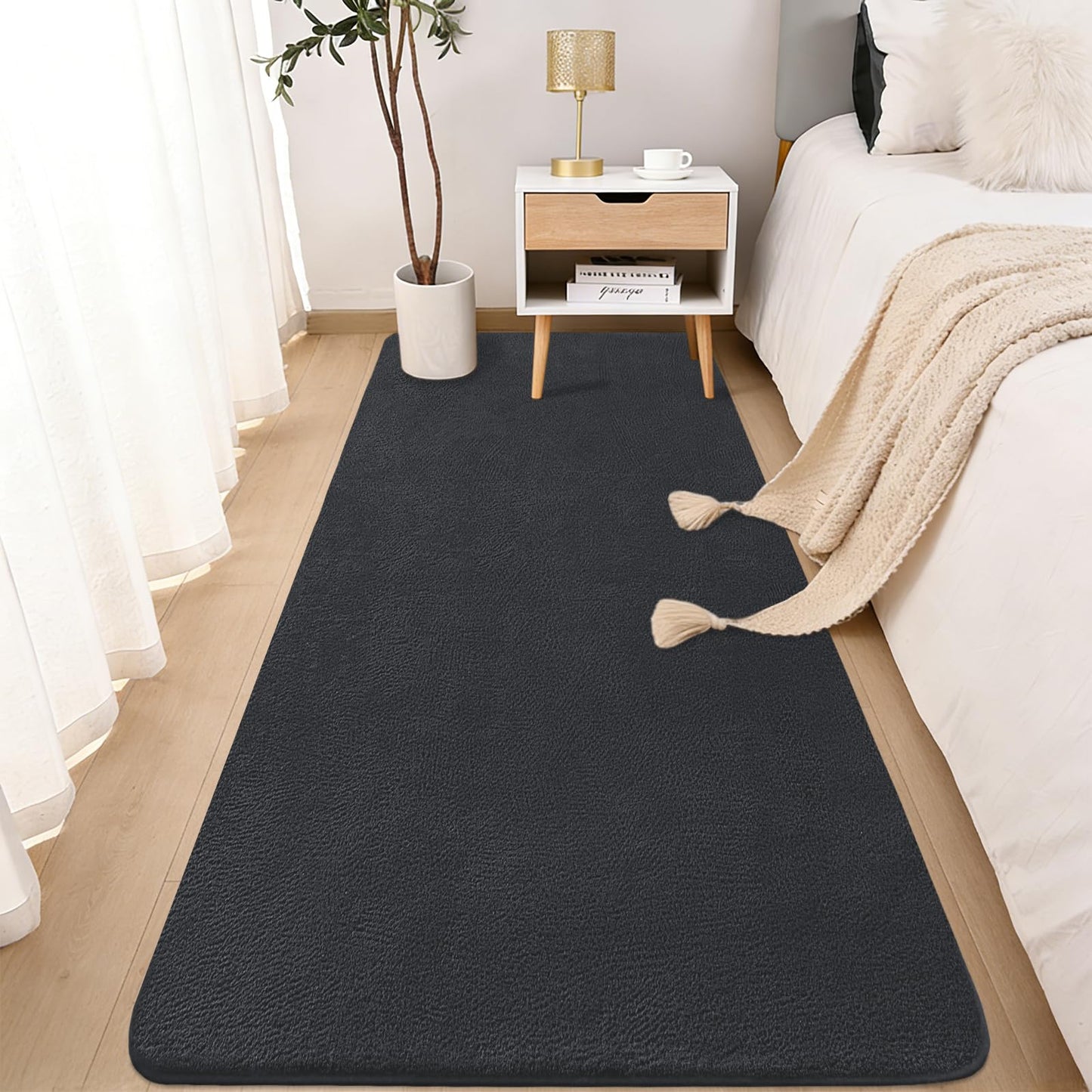 QDUIDU Runner Rugs for Bedroom Living Room, 2x6 Feet Ultra Soft Dark Grey Runner Rug Thickened with Memory-Foam, Solid Modern Minimalist Carpets for Home Decor, Non-Slip and Comfy Bedside Hallway Rug