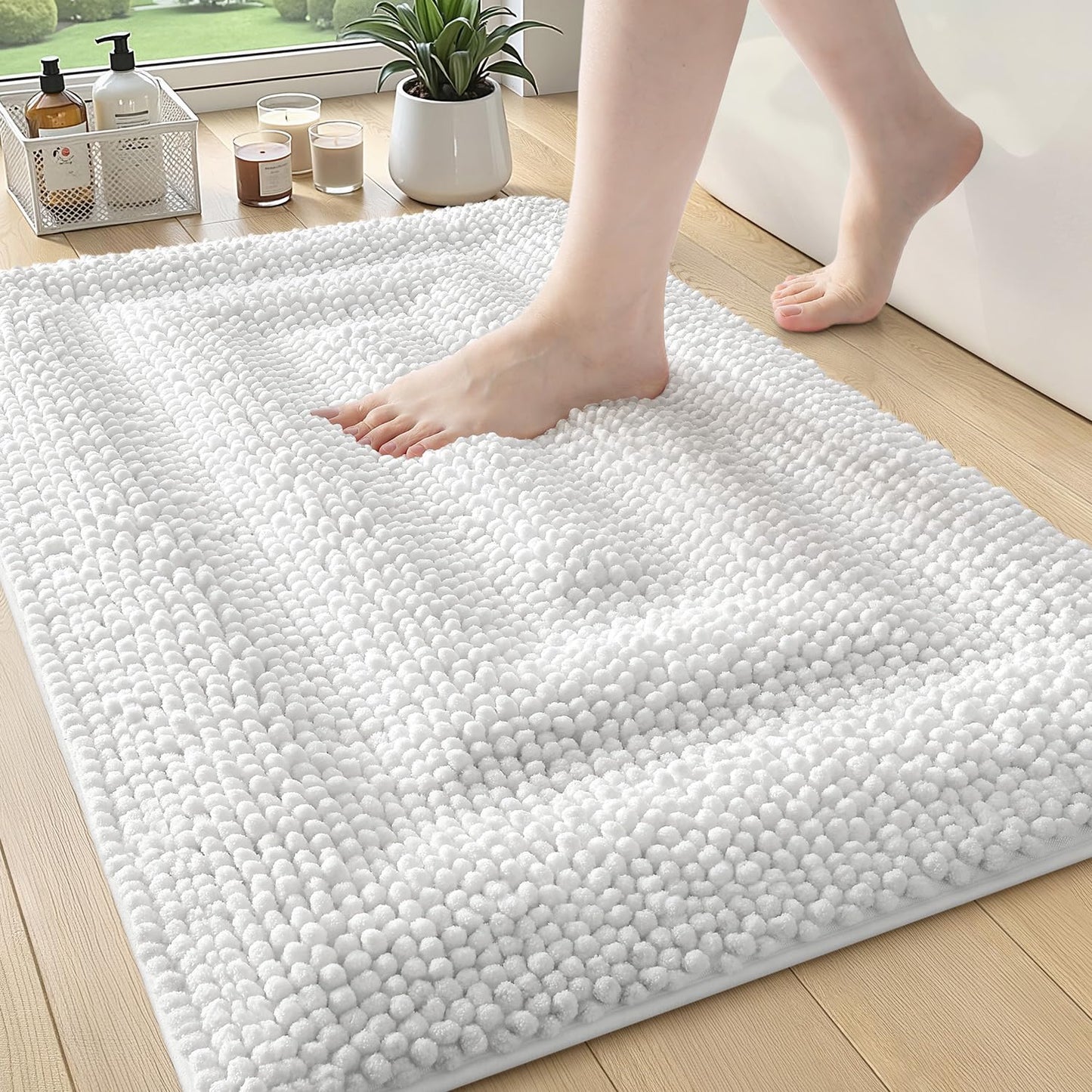 Color&Geometry 24x16 Ultra Soft Chenille White Bathroom Rugs, Non-Slip Bath Mat with Elastic Fabric Backing, Super Absorbent and Washable Shower Mats for Inside Shower,Tub,Bathroom, White