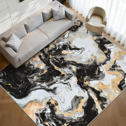 Yinhua Washable Rug 5x7, Marble Black and Gold Rugs Non Slip, Abstract Area Rugs Low Pile, Soft Faux Wool Modern Throw Rug Pet Friendly, Contemporary Floor Carpet for Living Room Bedroom Kitchen