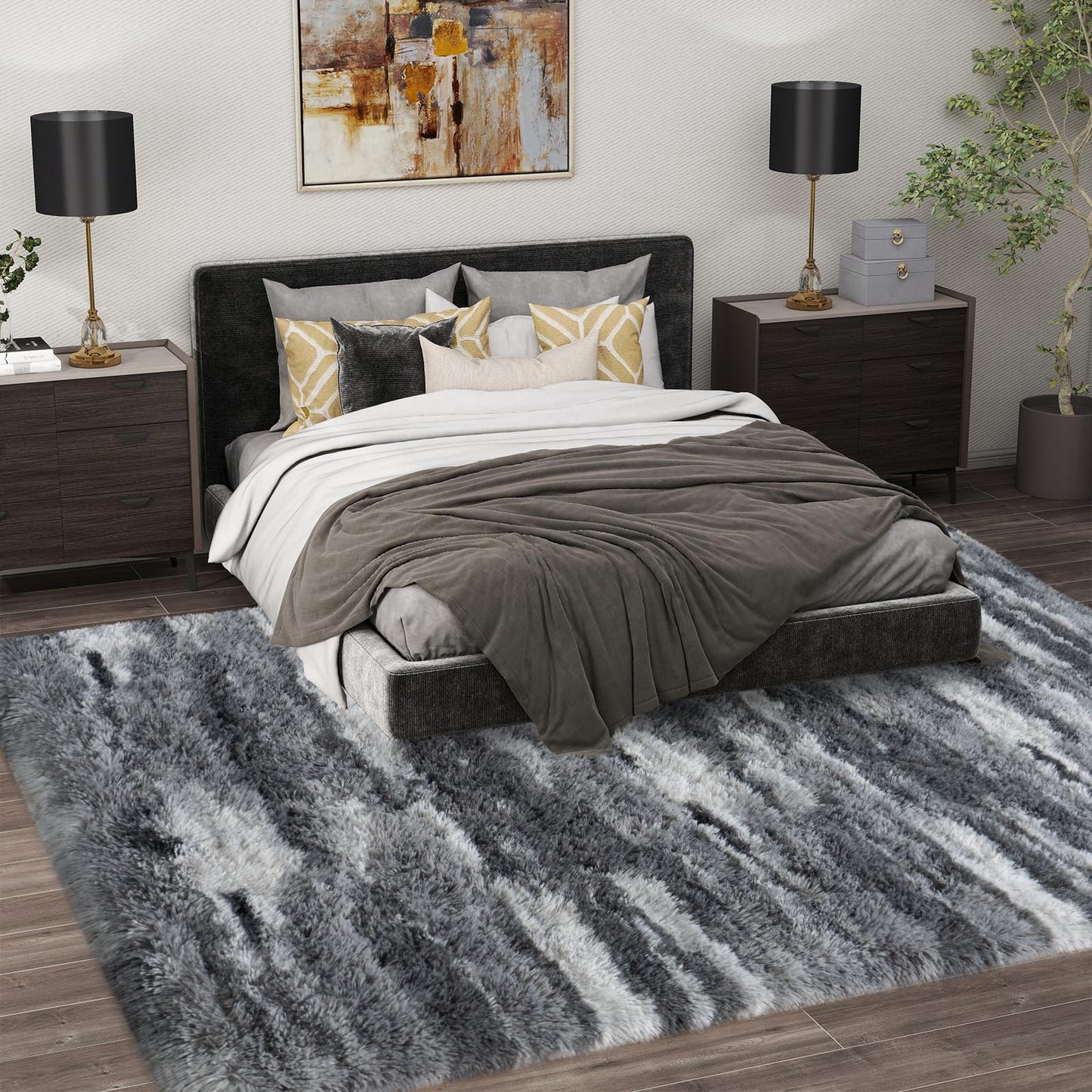 Ailyei Shag Rugs for Bedroom, 4x6 Abstract Grey Soft Fuzzy Rugs for Living Room, Fluffy Shaggy Plush Carpet Girls Kids Room Dorm Upgrade Non-Slip